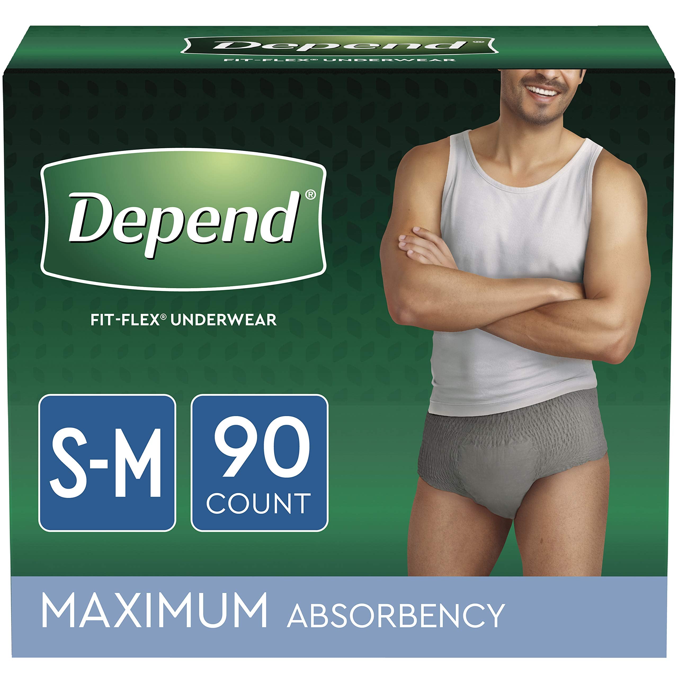 Depend FIT-FLEX Incontinence Underwear for Men, Maximum Absorbency, Disposable, S/M, Grey, (Packaging May Vary), 30 Count (Pack 