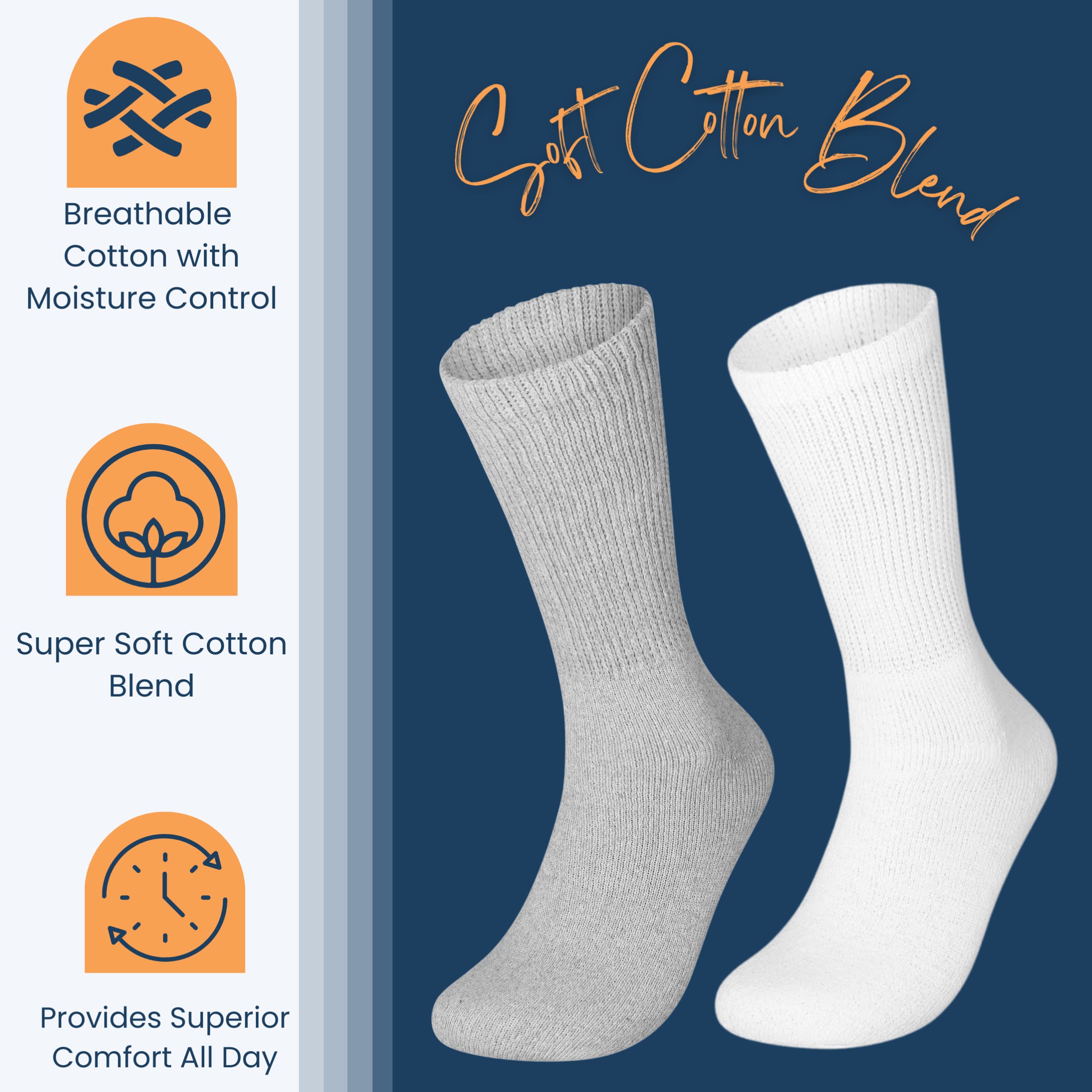 Special Essentials 12 Pairs Cotton Diabetic Socks for Men & Women - Non-Binding Extra Wide Top Neuropathy Socks - Crew Socks Gra