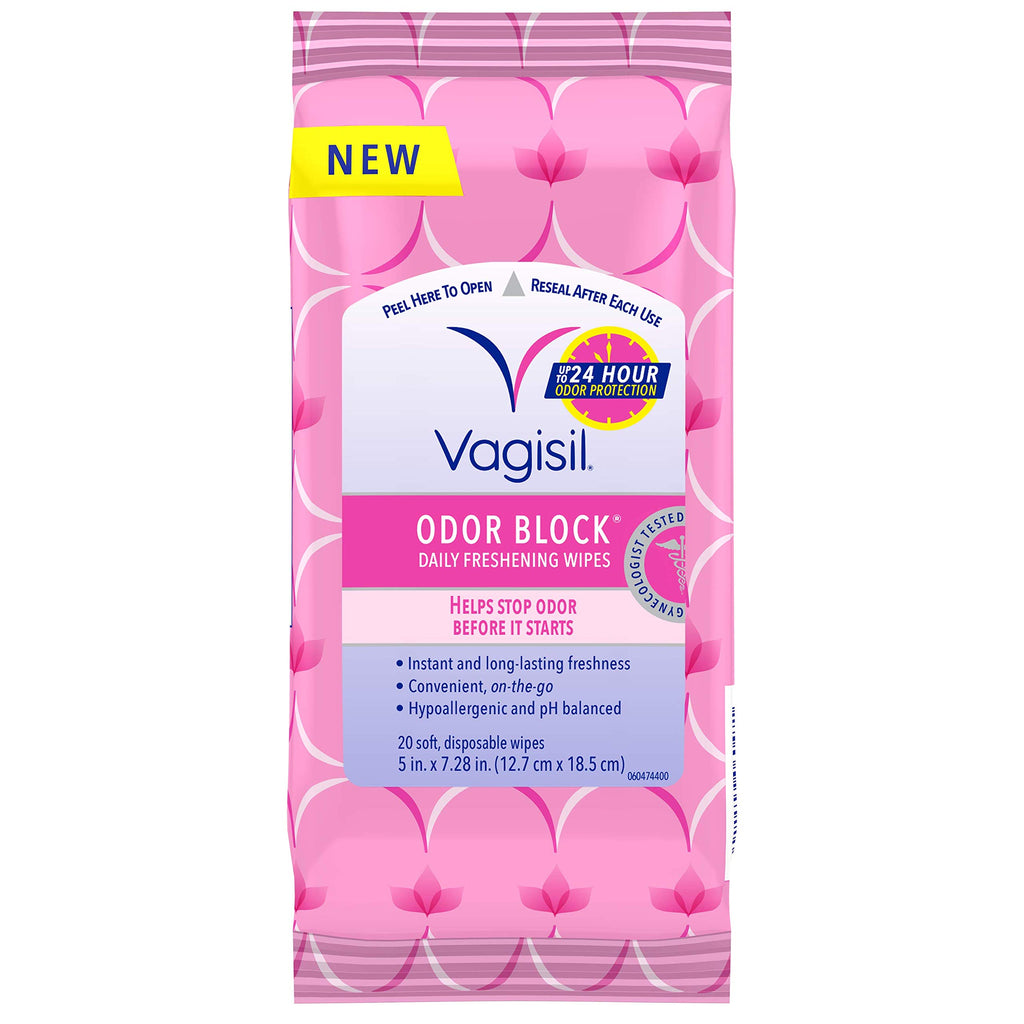 Vagisil Odor Block Daily Freshening Wipes for Feminine Hygiene in Resealable Pouch, Gynecologist Tested & Hypoallergenic, 20 Wip