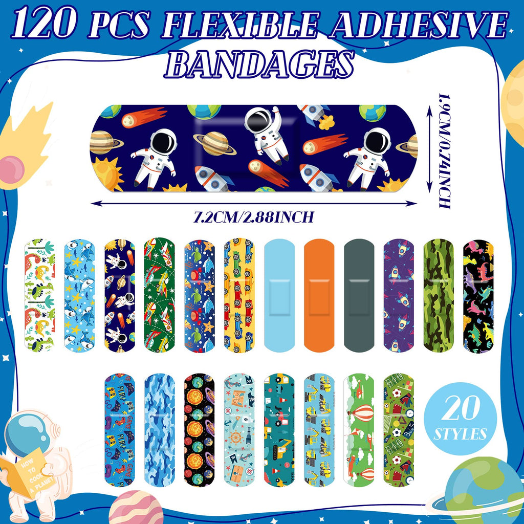 120 Pcs 20 Styles Kids Bandages Bulk Cute Cartoon Flexible Bandages Waterproof Breathable Bandages Strip Protect Cuts and Scrape
