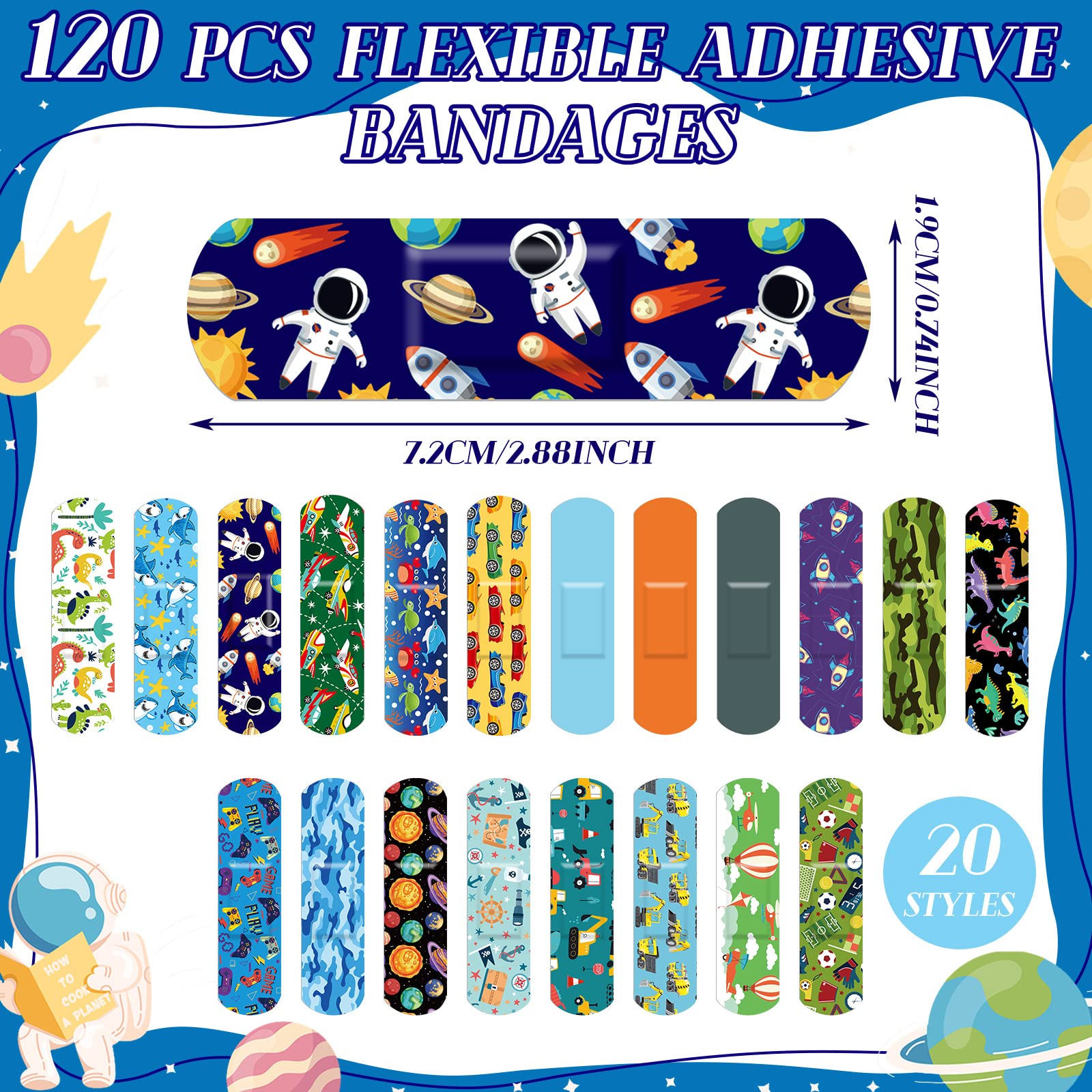 120 Pcs 20 Styles Kids Bandages Bulk Cute Cartoon Flexible Bandages Waterproof Breathable Bandages Strip Protect Cuts and Scrape
