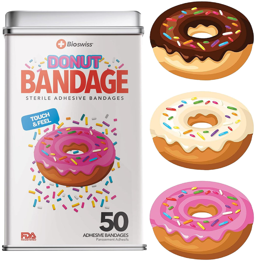 BioSwiss Bandages, Donut Shaped Self Adhesive Bandages, Latex Free Sterile Wound Care, Fun First Aid Kit Supplies for Kids, 50 C