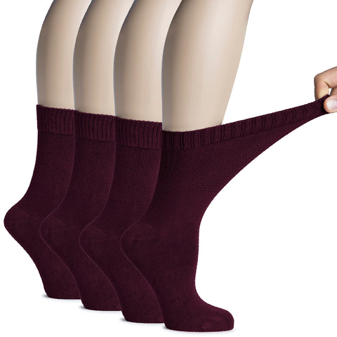 Hugh Ugoli Women's Bamboo Diabetic Crew Socks, Thin, Loose Fit, Soft, Wide Stretchy, Seamless Toe, 4 Pairs, Burgundy, Shoe Size:
