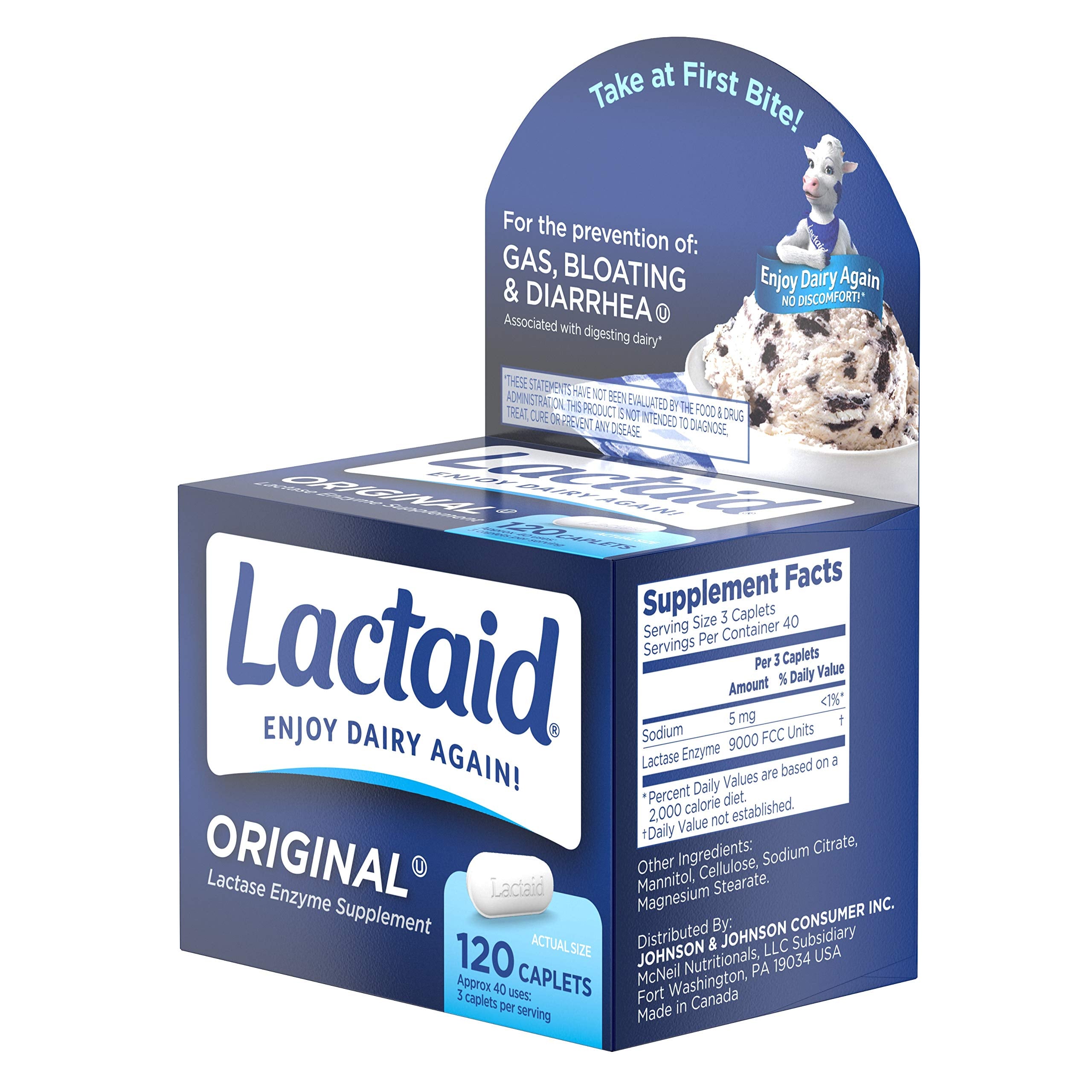 Lactaid Original Strength Lactose Intolerance Relief Caplets with Natural Lactase Enzyme, Dietary Supplement to Help Prevent Gas
