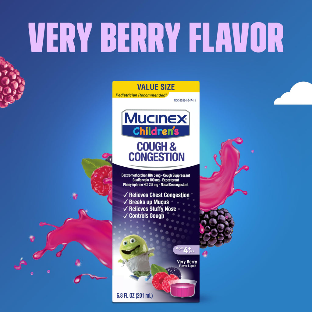 Mucinex Childrens Congestion & Cough Liquid, Berrylicious, 6.8oz (Packaging May Vary)