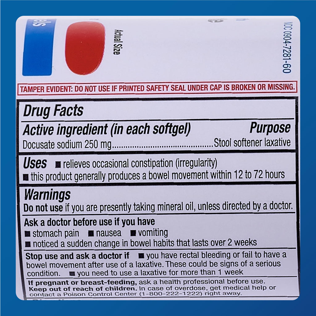 Major Docusate Sodium 250 mg - Extra Strength Stool Softener Laxative Softgels for Constipation Relief - Gentle Stool Softeners