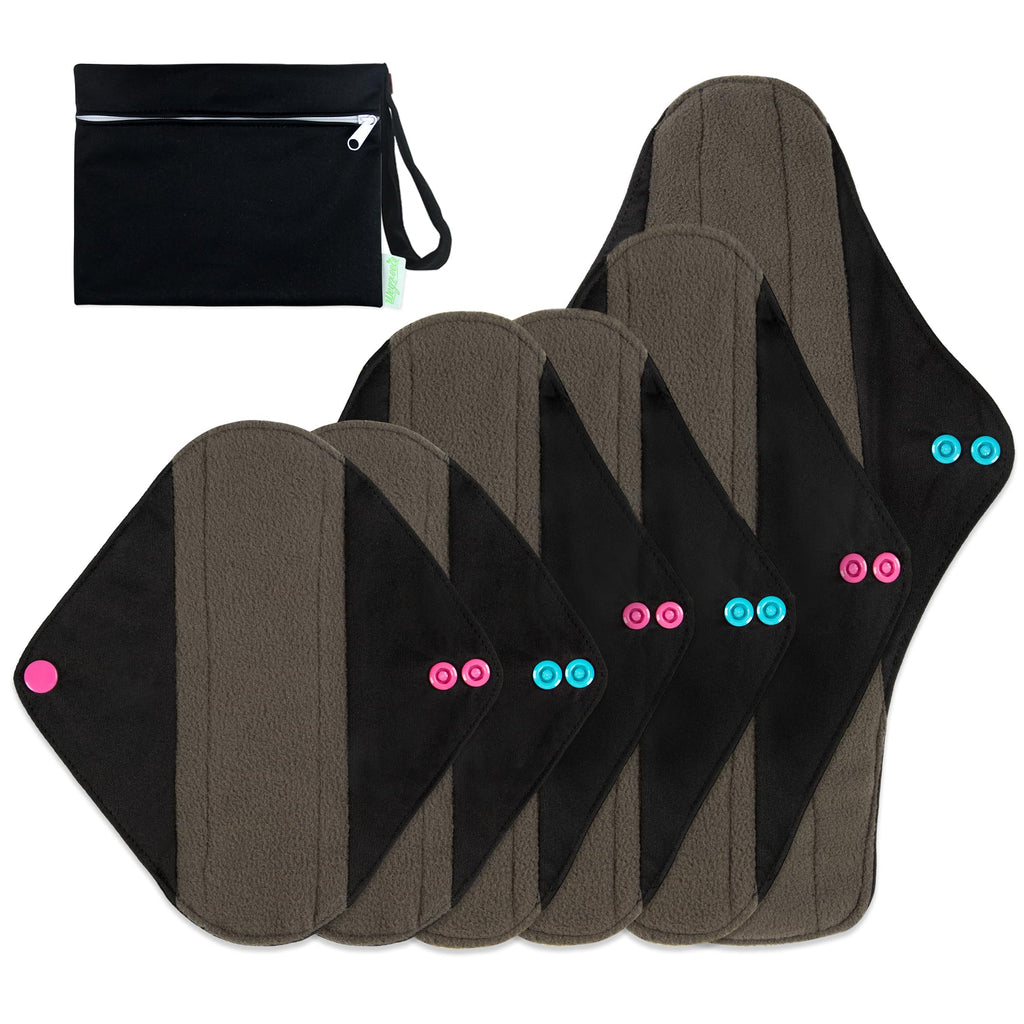 wegreeco Charcoal Reusable Menstrual Pads - Reusable Sanitary Pads | Panty Liners | Soft Cloth Menstrual - 6 Pack with 1 Cloth M