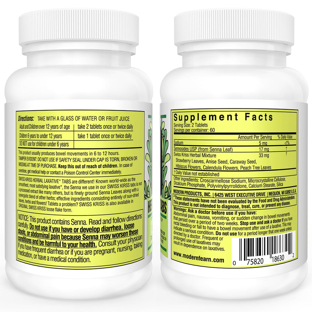 Swiss Kriss Herbal Laxative Tablets, Natural Laxatives for Constipation Relief, Senna Laxative, 250 tablets, (Pack of 2)