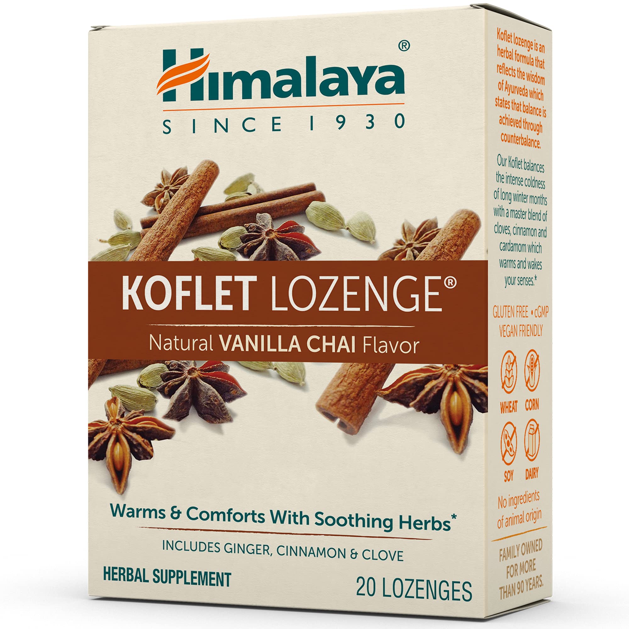 Himalaya Koflet Lozenges, Vanilla Chai Flavor, Natural Herbal Cough Drop for Warming Relief and Soothing Comfort, 130 mg, 20 Loz