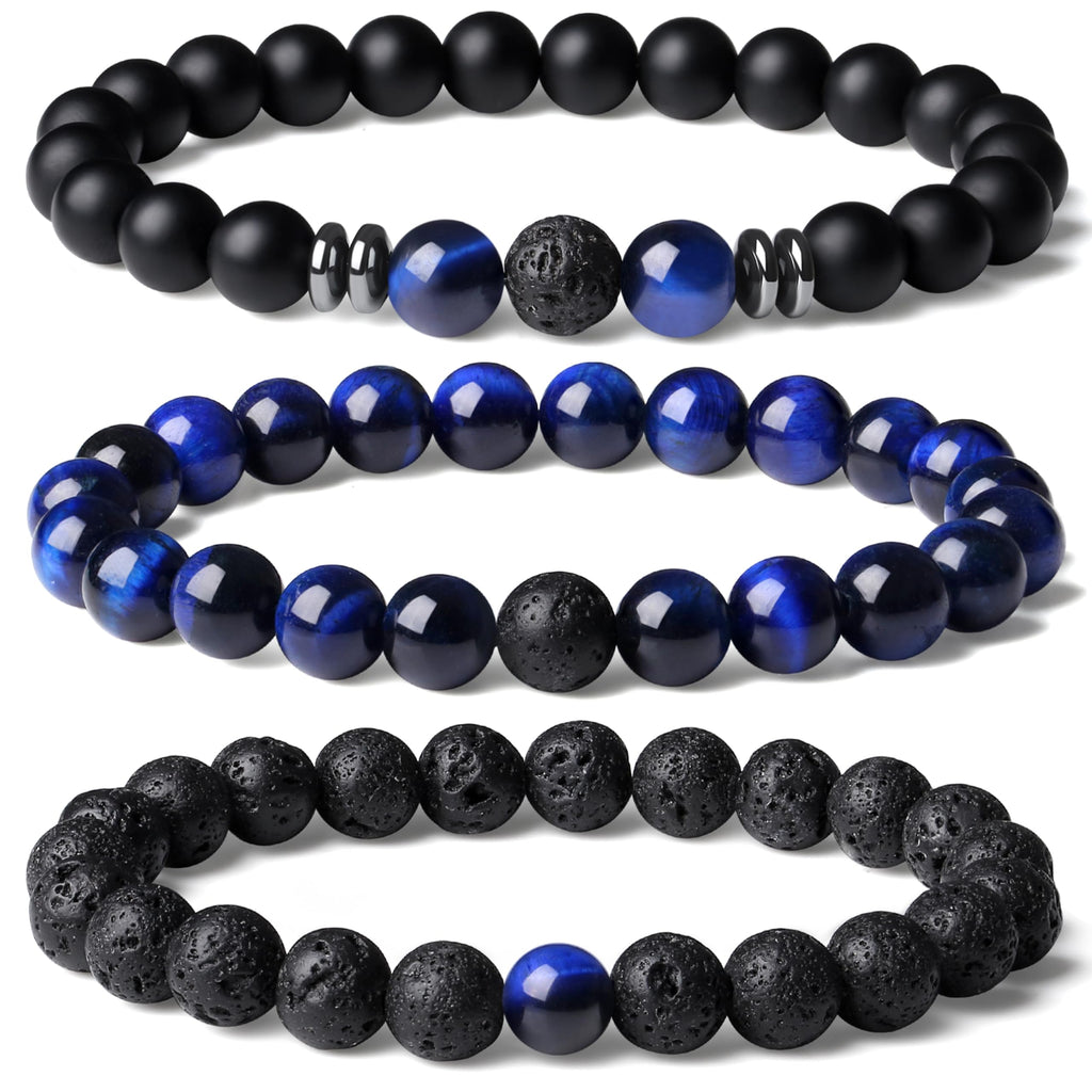 XIANNVXI Mens Blue Crystal Beads Bracelet 3PC Blue Black Stone 8mm Bead Bracelets Set for Men Stretch Lava Rock Obsidian Black C