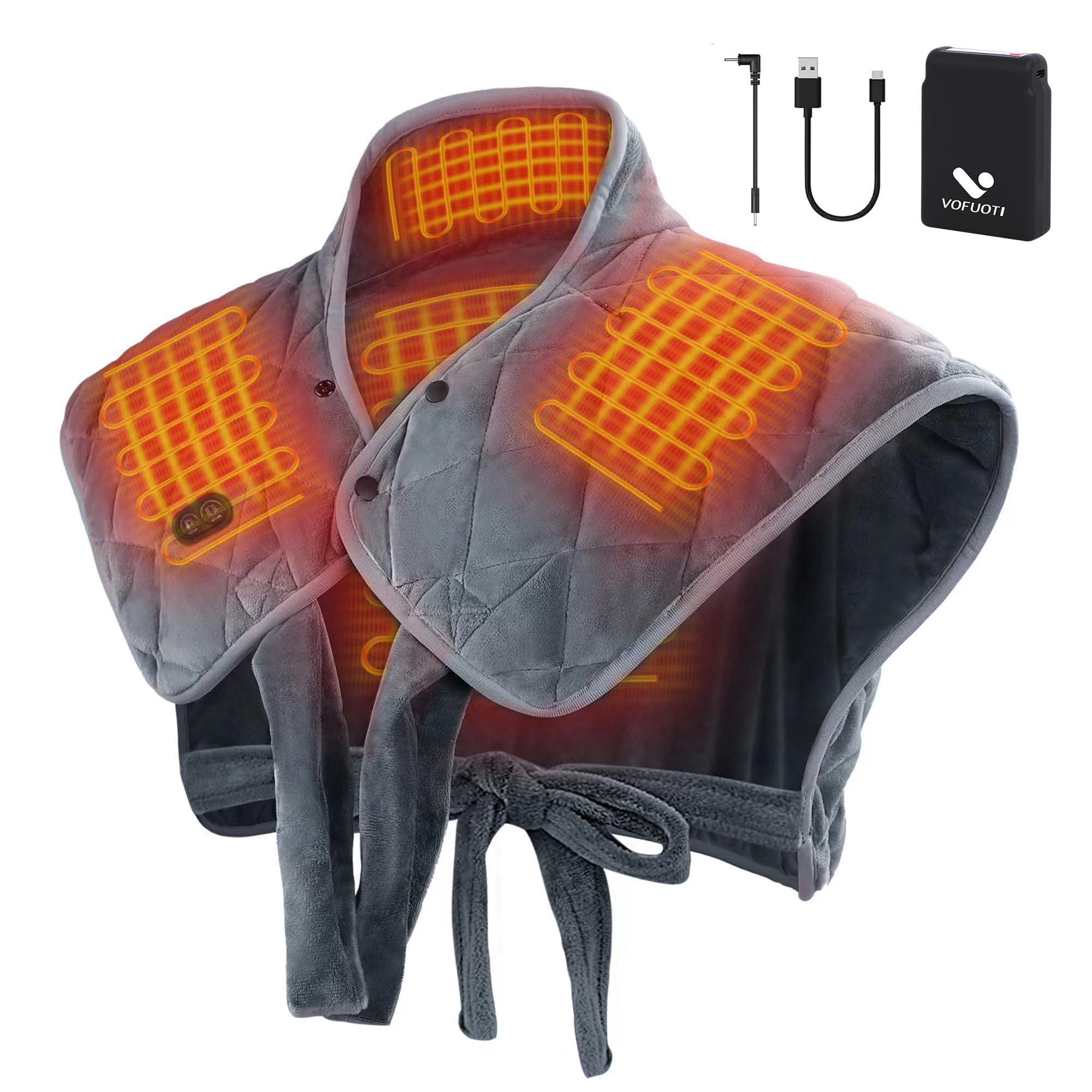 Vofuoti Heating Pad for Neck and Shoulders, Portable Cordless Heating Pad with Massager and Battery, Weighted Electric Heated Ne