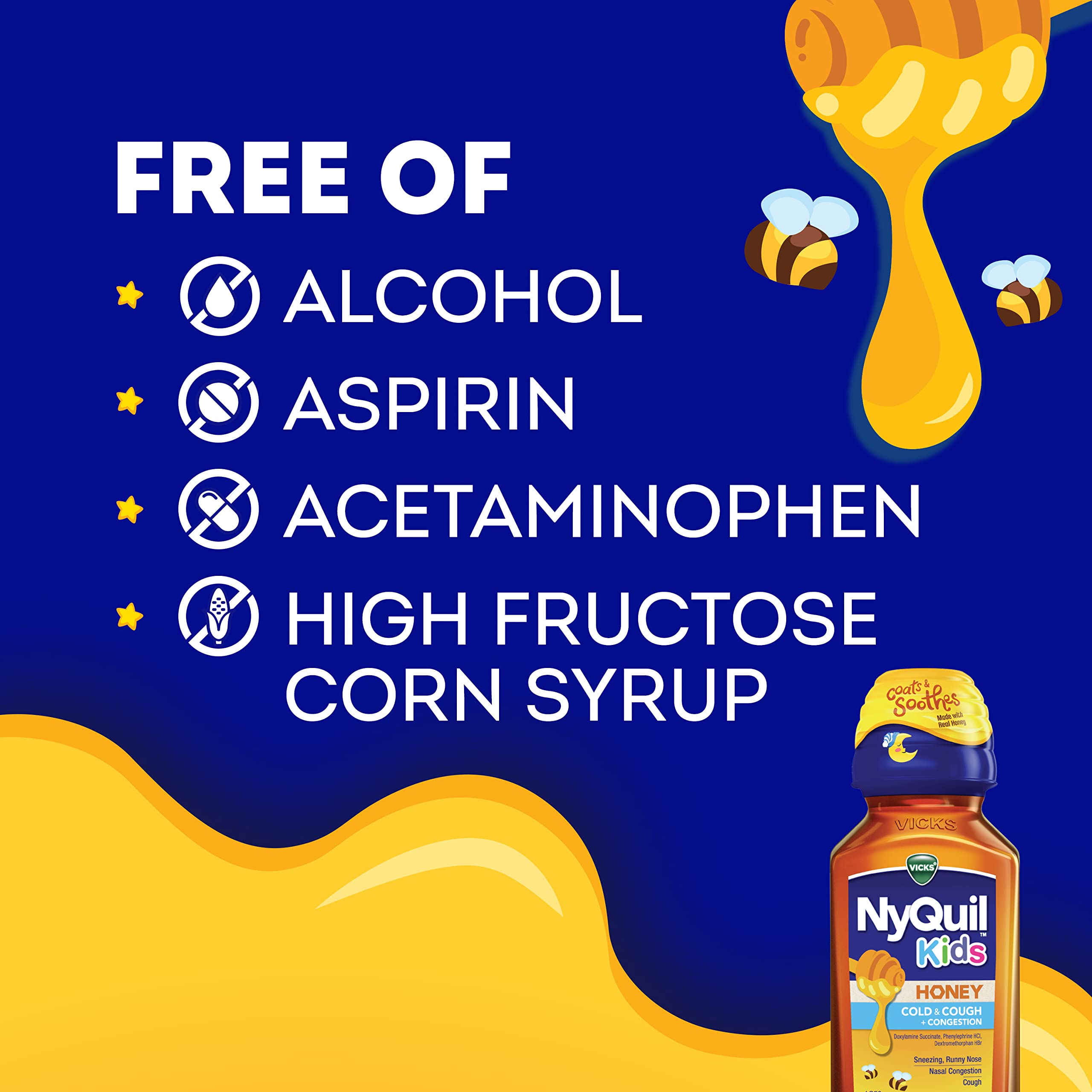 Vicks Kids NyQuil Honey Cold & Cough + Congestion Relief for Nighttime Sneezing, Runny Nose, Nasal Congestion & Cough, Flavored