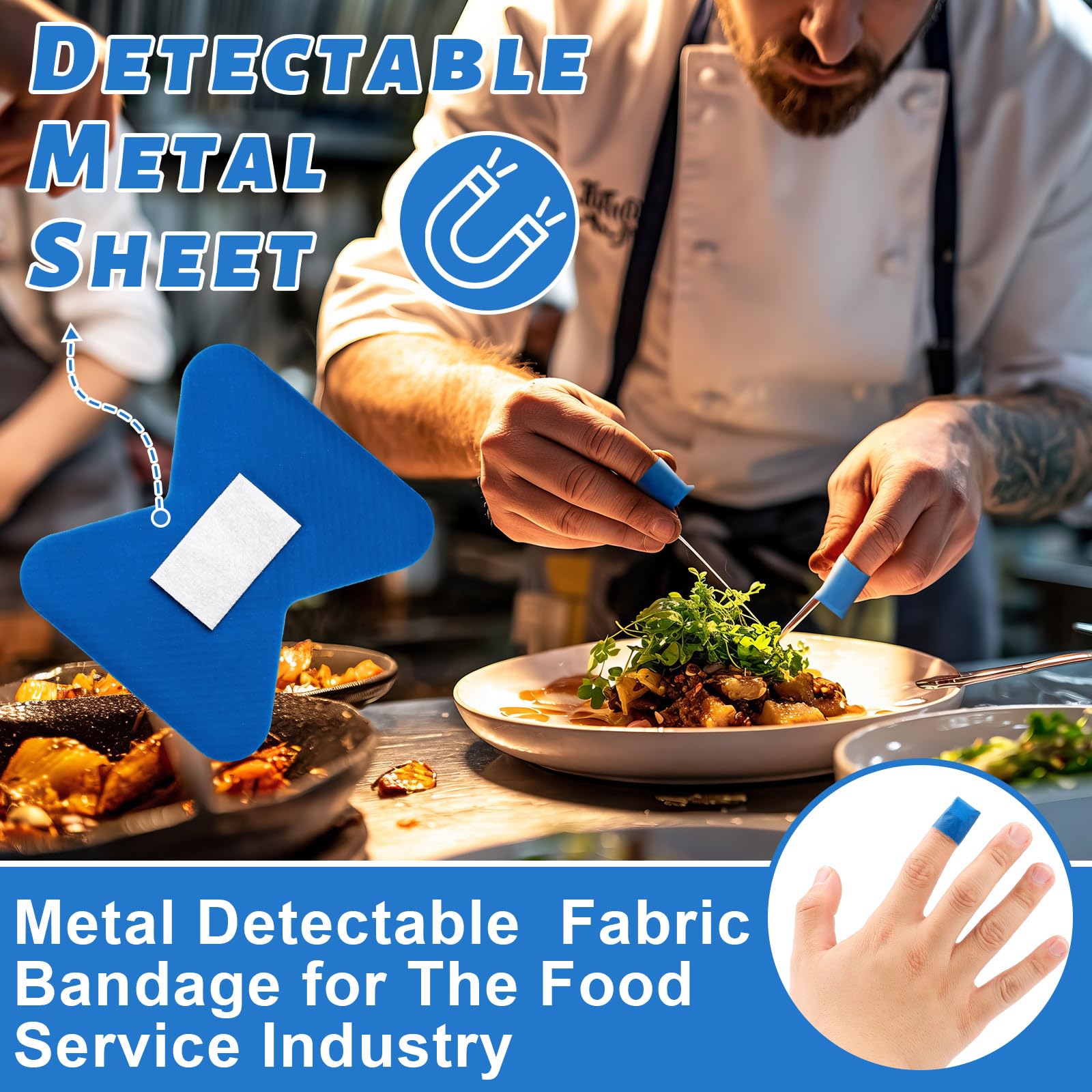 Geiserailie 120 Pcs Food Service Blue Detectable Bandage Woven Fingertip Waterproof Flexible Bandages Non-Stick Pad Latex Free C