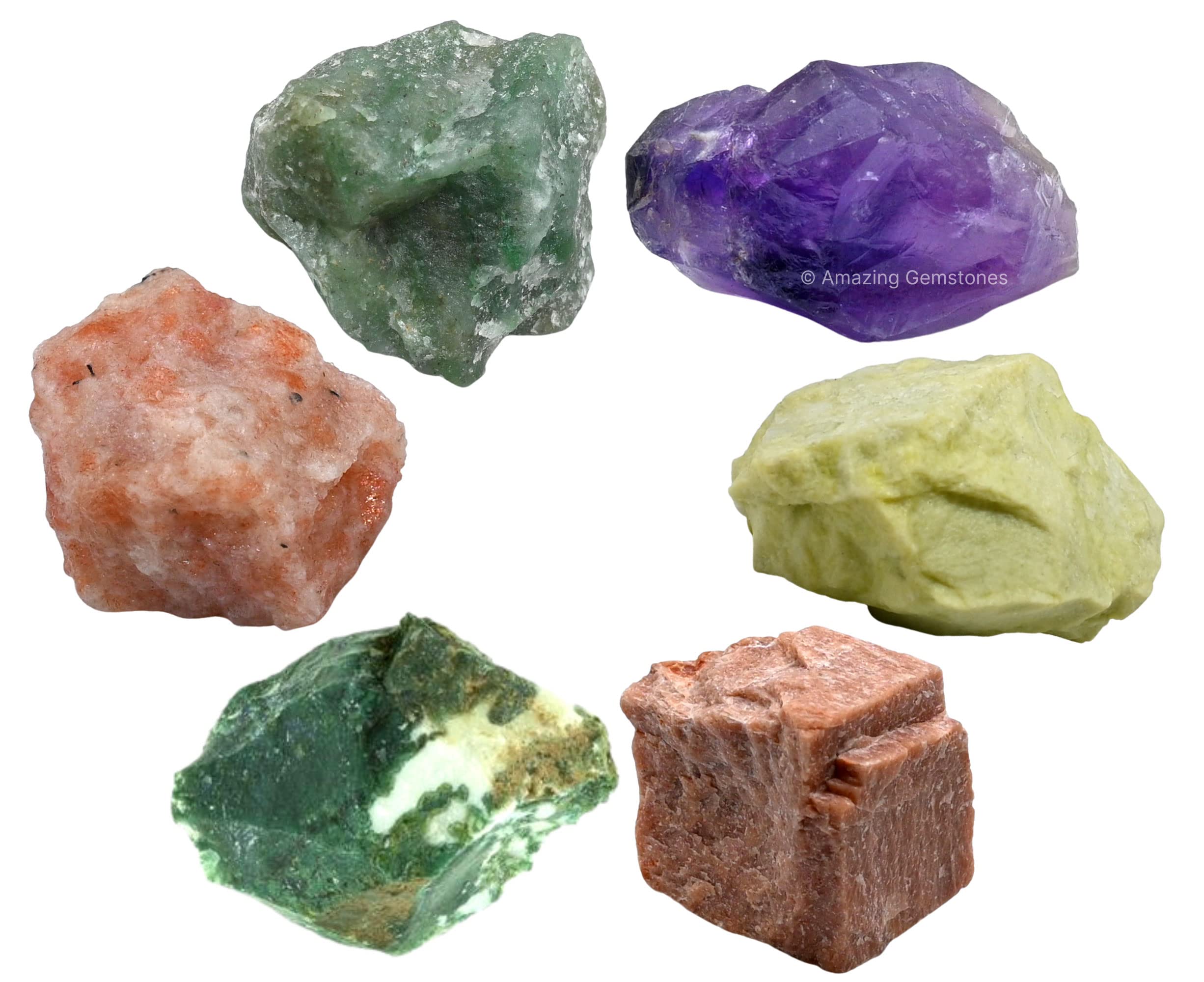 Crystals for Retirement, Set of 6 Amethyst, Green Aventurine, Sunstone, Serpentine, Moss Agate and Peach Moonstone Healing Cryst
