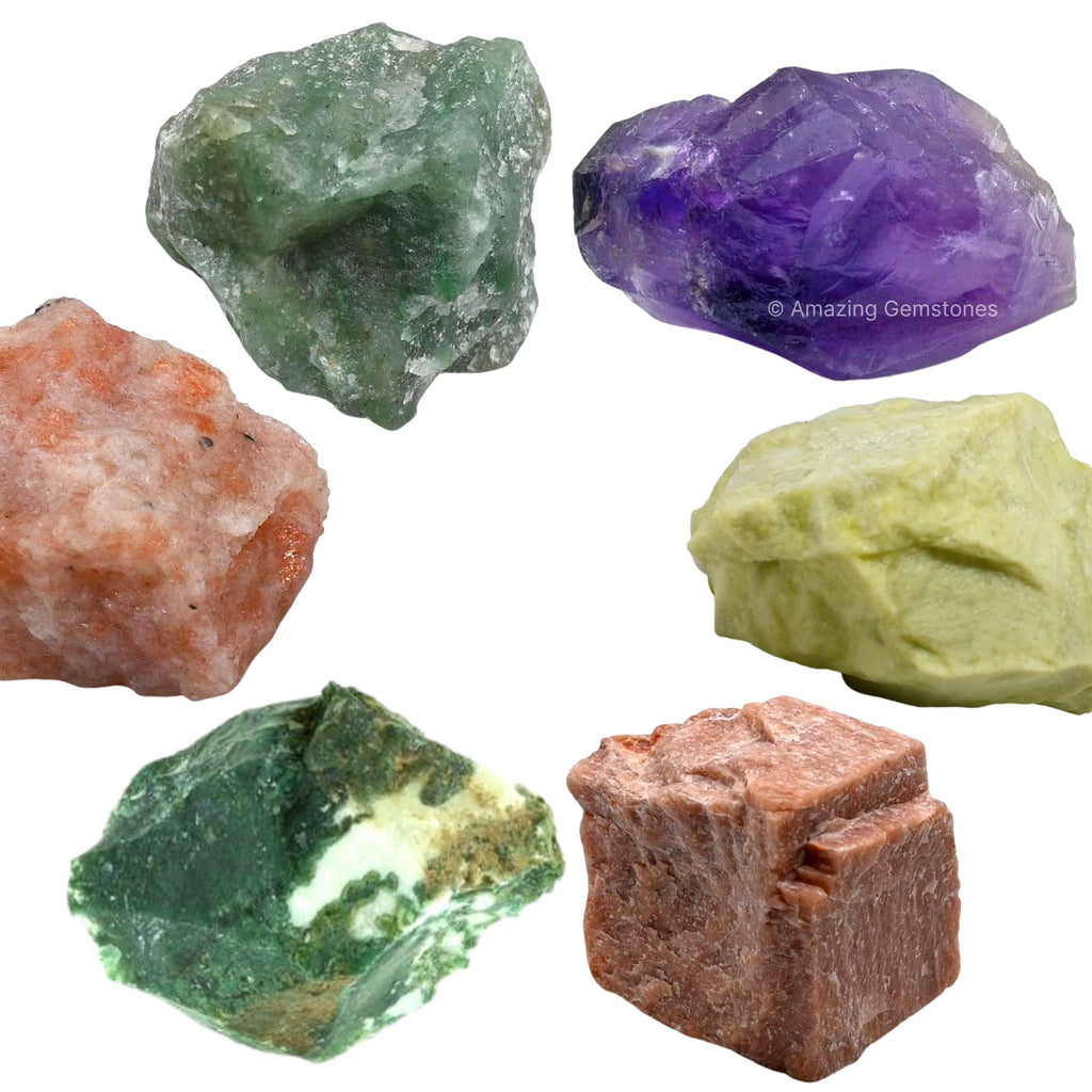 Crystals for Retirement, Set of 6 Amethyst, Green Aventurine, Sunstone, Serpentine, Moss Agate and Peach Moonstone Healing Cryst