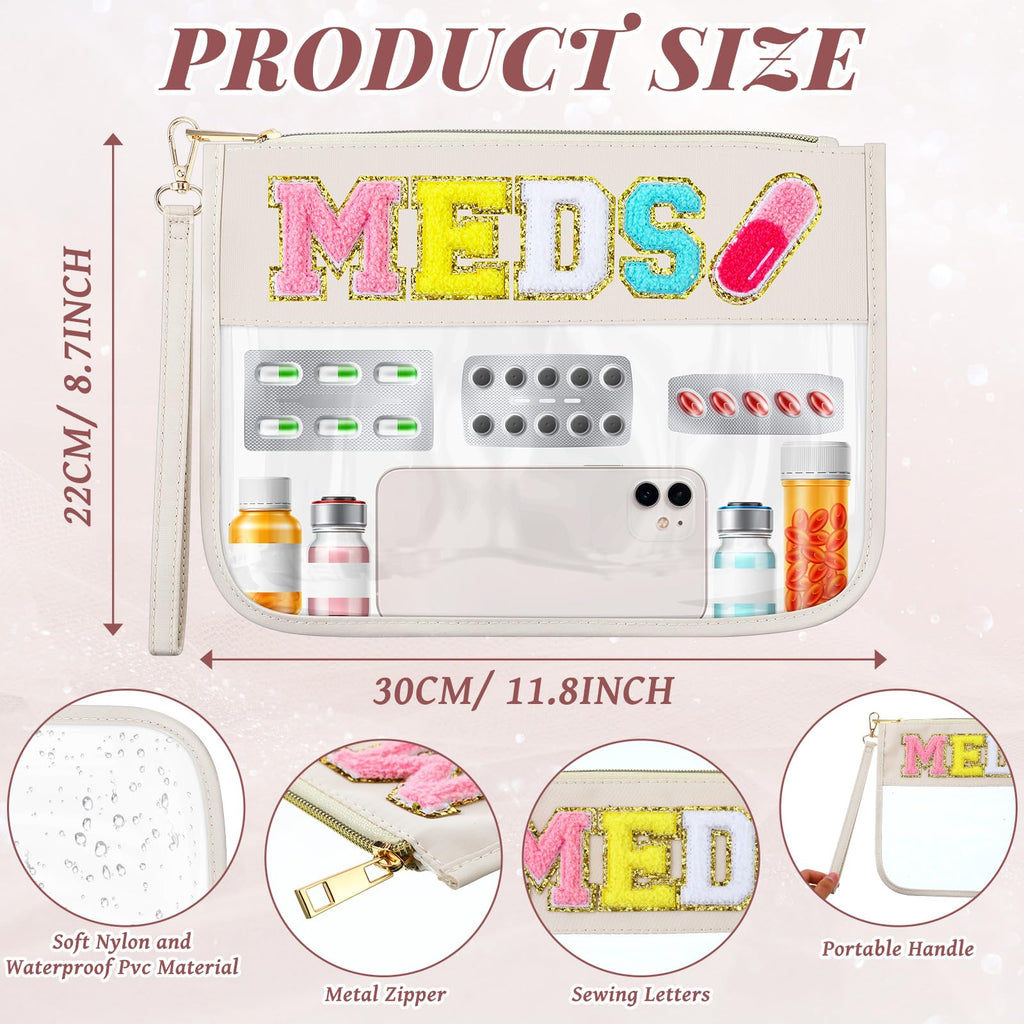 Silkfly Chenille Letter Clear Medicine Bags Makeup Meds Bag Travel First Aid Bag Nylon PVC Waterproof Zipper Tote Pouch with Han