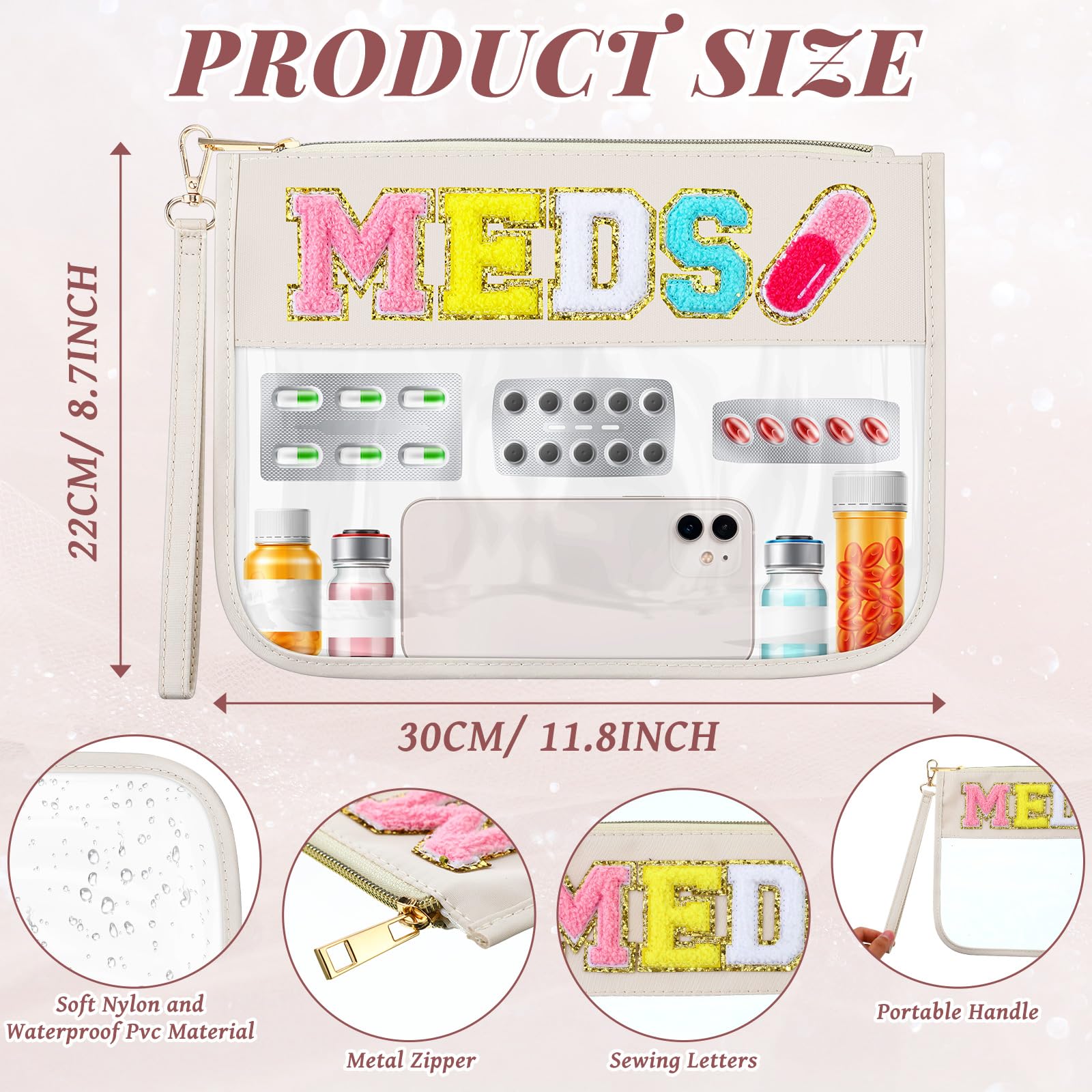 Silkfly Chenille Letter Clear Medicine Bags Makeup Meds Bag Travel First Aid Bag Nylon PVC Waterproof Zipper Tote Pouch with Han