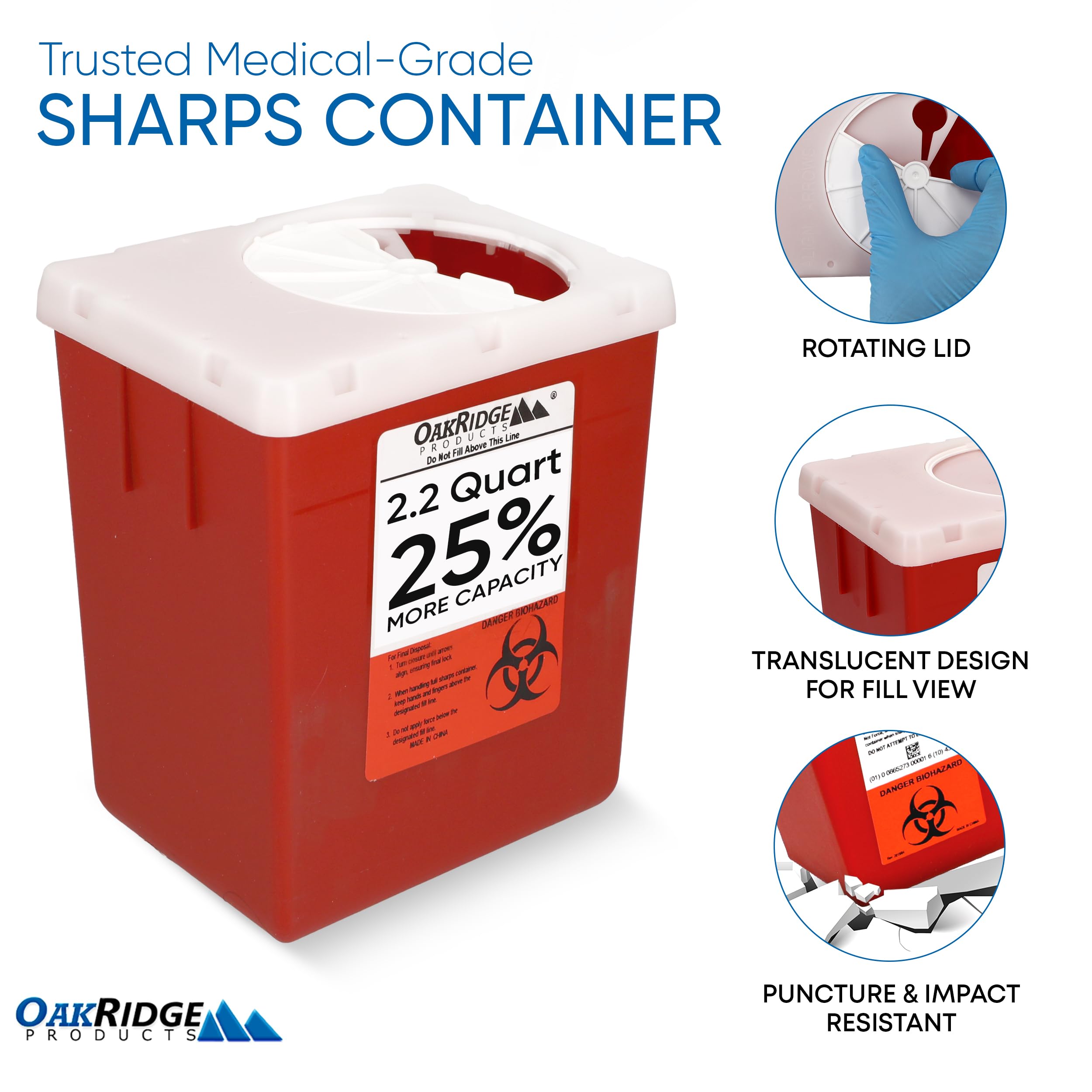 Oakridge Products Transparent Sharps Container for Home Use and Professional 2.2 Quart (3-Pack), Touchless Biohazard Needle and