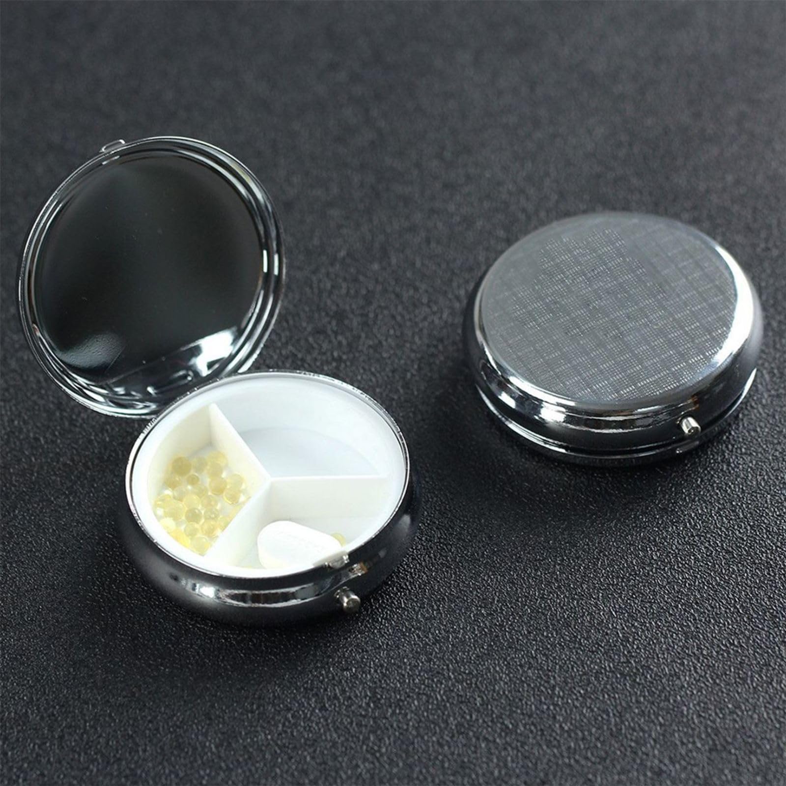 keluki Golden Blush Roses On Gray Watercolor Glitter Flowers Print Round Metal Pill Box with 3 Compartment for Pocket or Purse T
