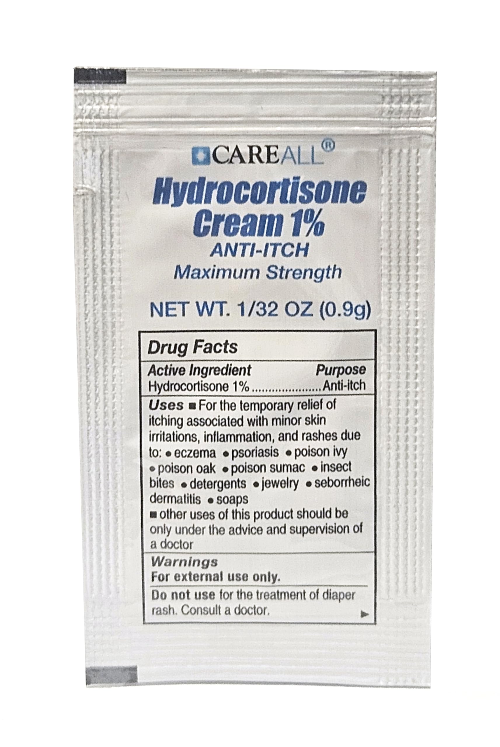 CareAll Hydrocortisone Cream 1% (25 Pack), 0.9gr Foil Packet, Maximum Strength Formulation, Anti-Itch Rash Skin Cream Relieves I