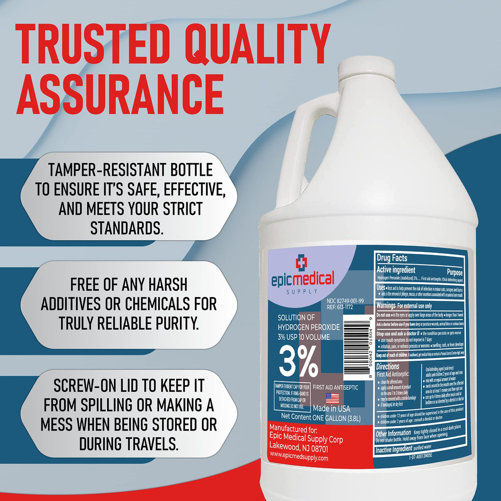 Epic Medical Supply Hydrogen Peroxide Gallon First Aid Antiseptic and Multipurpose Cleaner, 3% USP, Topical Wash for Minor Cuts,