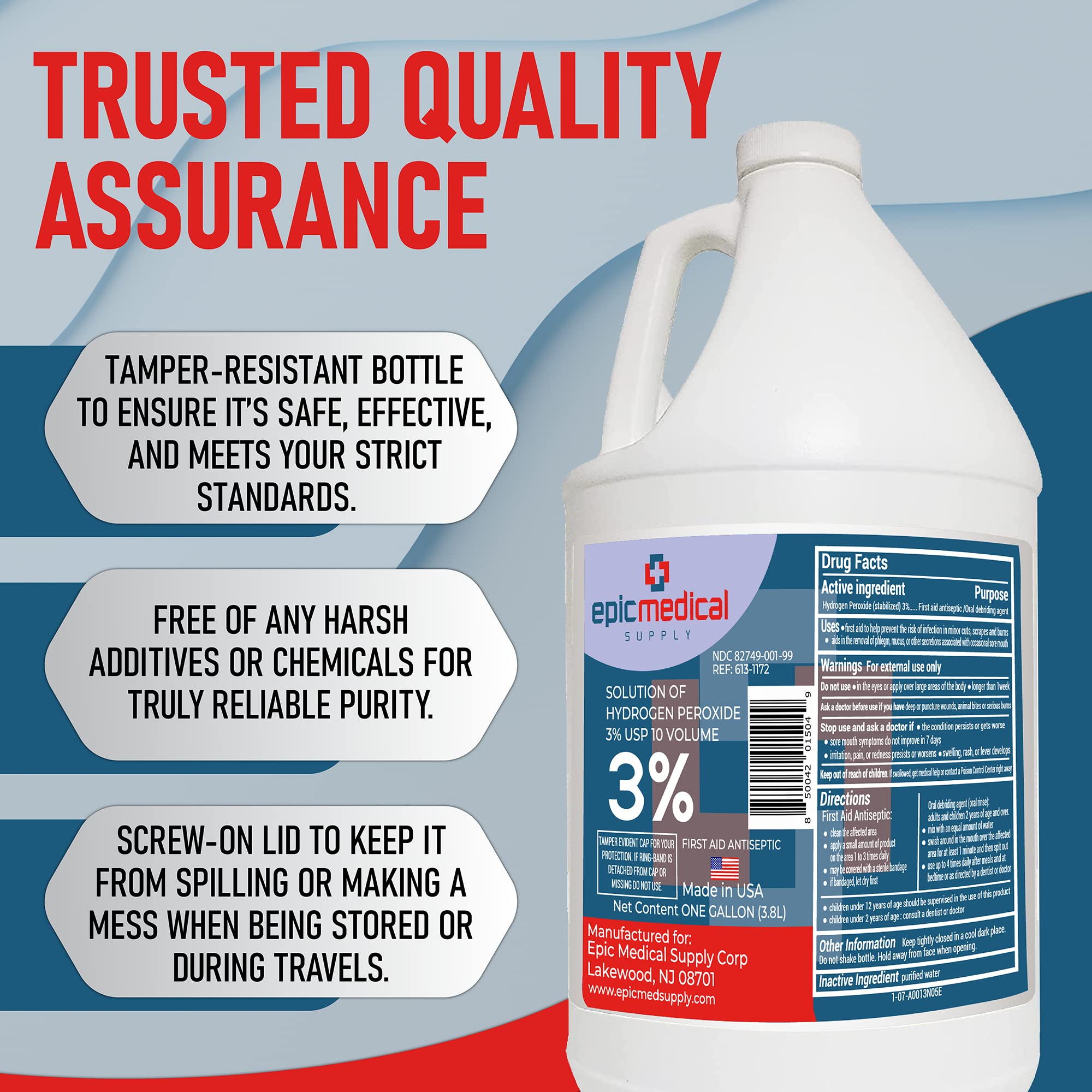Epic Medical Supply Hydrogen Peroxide Gallon First Aid Antiseptic and Multipurpose Cleaner, 3% USP, Topical Wash for Minor Cuts,