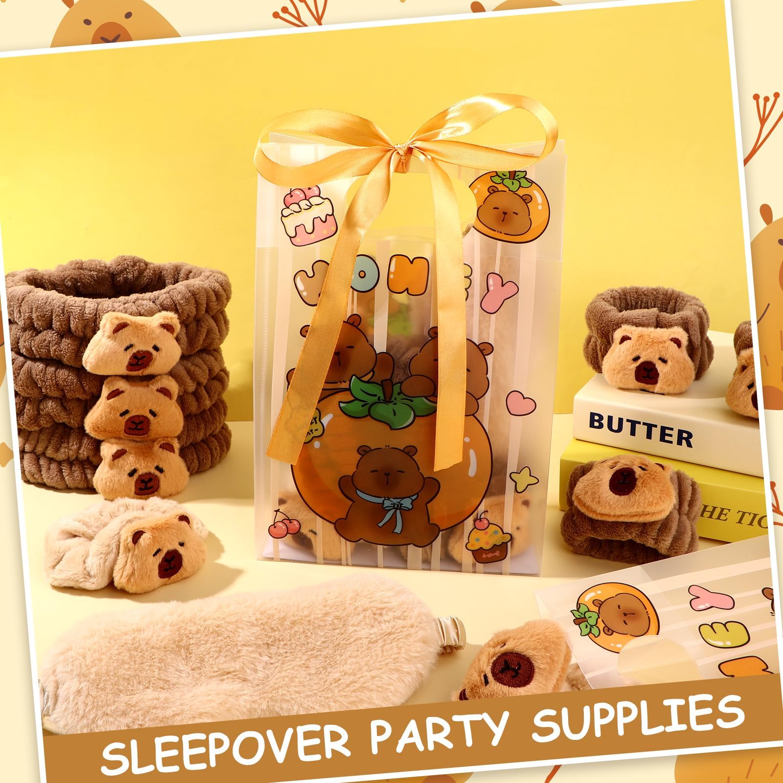 30 Pcs Capybara Spa Sleepover Party Supplies for Girls 6 Capybara Makeup Headband 6 Velvet Scrunchies 6 Soft Wristband 6 Brown P