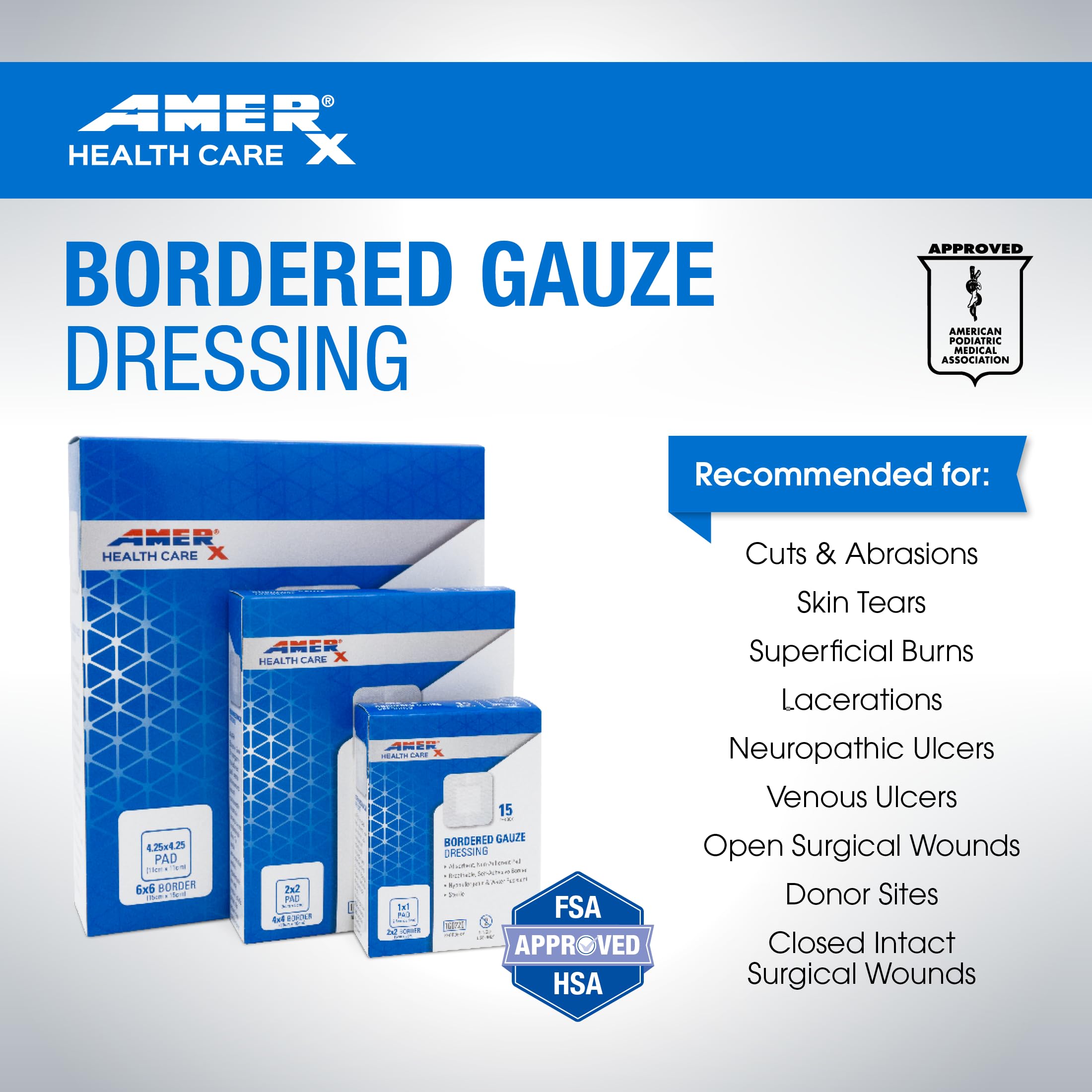 4 x 4 Dressing (2x2 Pad) AMERX Bordered Gauze - Adhesive Bandages - Water Resistant Barrier - Self Adhesive Border - Breathable,