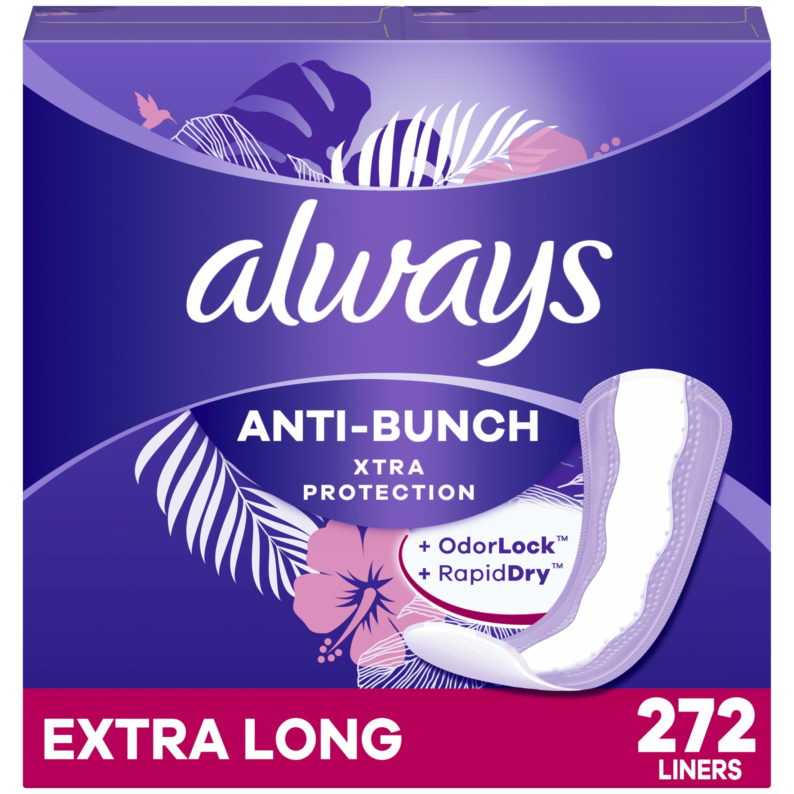 Always Anti-Bunch Xtra Protection, Panty Liners For Women, Extra Long Length, Unscented, 68 Count X 4 Packs (272 Count Total) (P