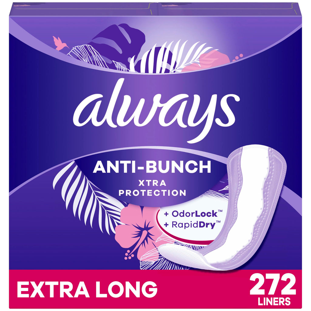 Always Anti-Bunch Xtra Protection, Panty Liners For Women, Extra Long Length, Unscented, 68 Count X 4 Packs (272 Count Total) (P