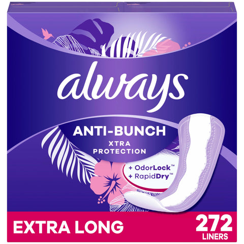 Always Anti-Bunch Xtra Protection, Panty Liners For Women, Extra Long Length, Unscented, 68 Count X 4 Packs (272 Count Total) (P