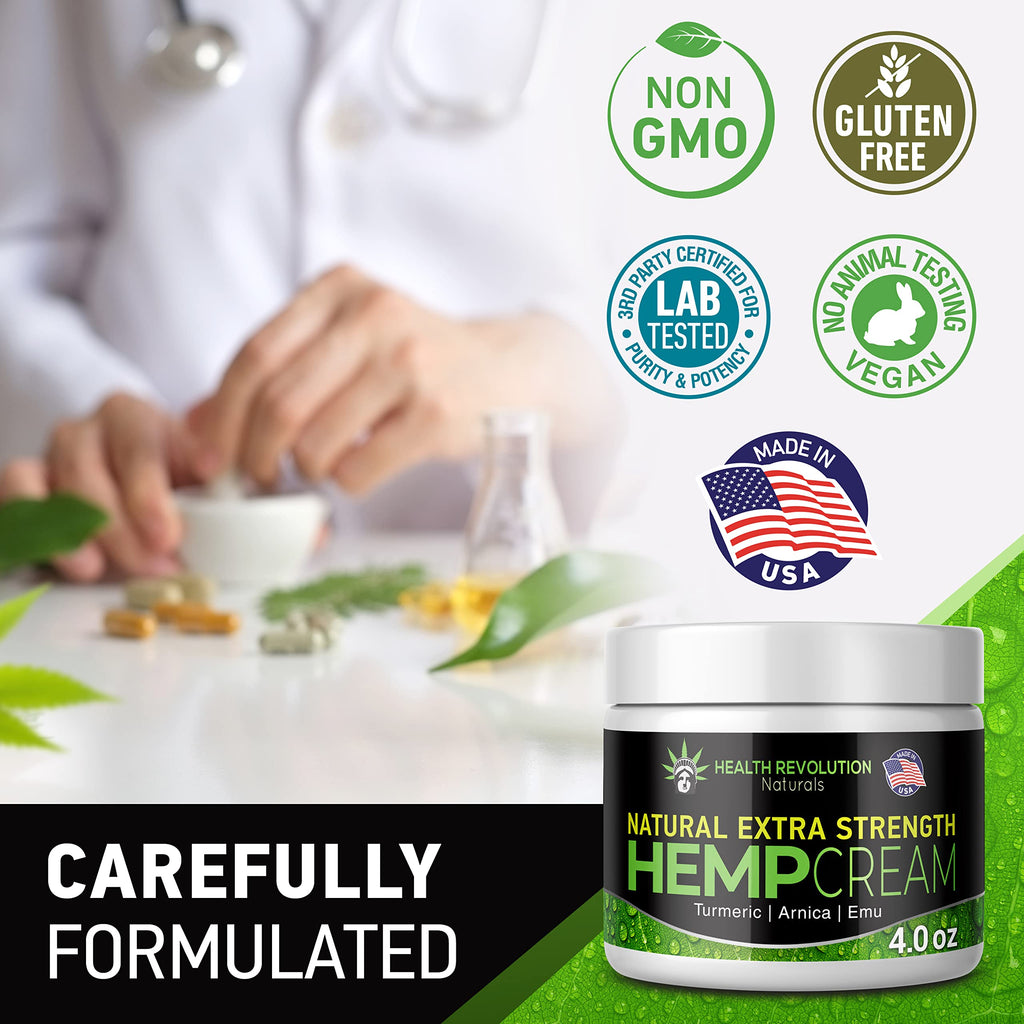 Health Revolution Hemp Arnica Cream Maximum Strength - Soothes Muscles, Joints, Feet, Nerve, Back, Knee, Hip, with Arnica, MSM,