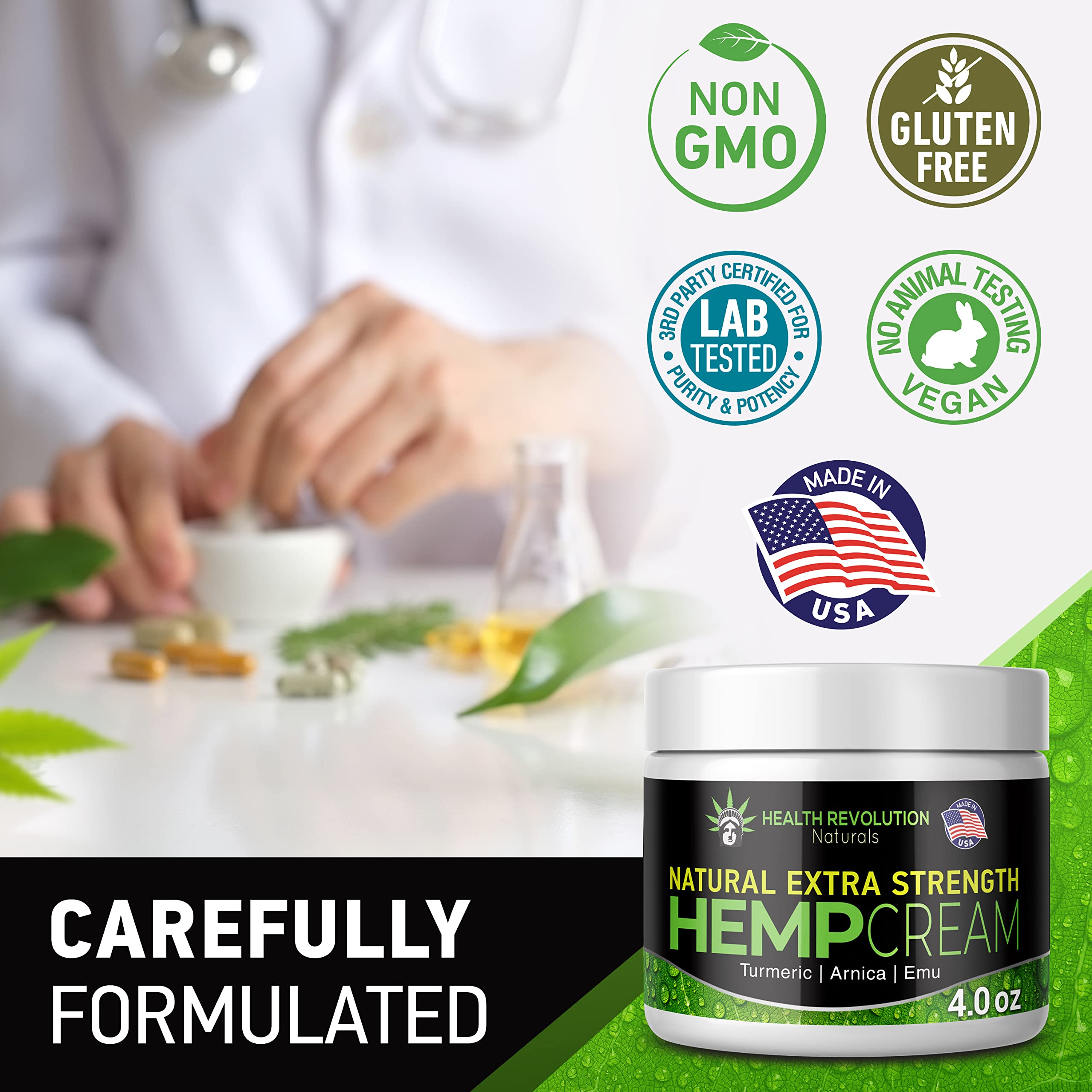 Health Revolution Hemp Arnica Cream Maximum Strength - Soothes Muscles, Joints, Feet, Nerve, Back, Knee, Hip, with Arnica, MSM,