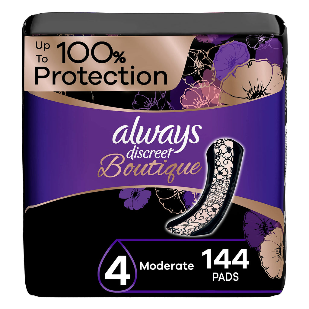 Always Discreet Boutique Adult Incontinence & Postpartum Pads For Women, Size 4, Moderate Absorbency, Regular Length, 48 Count x