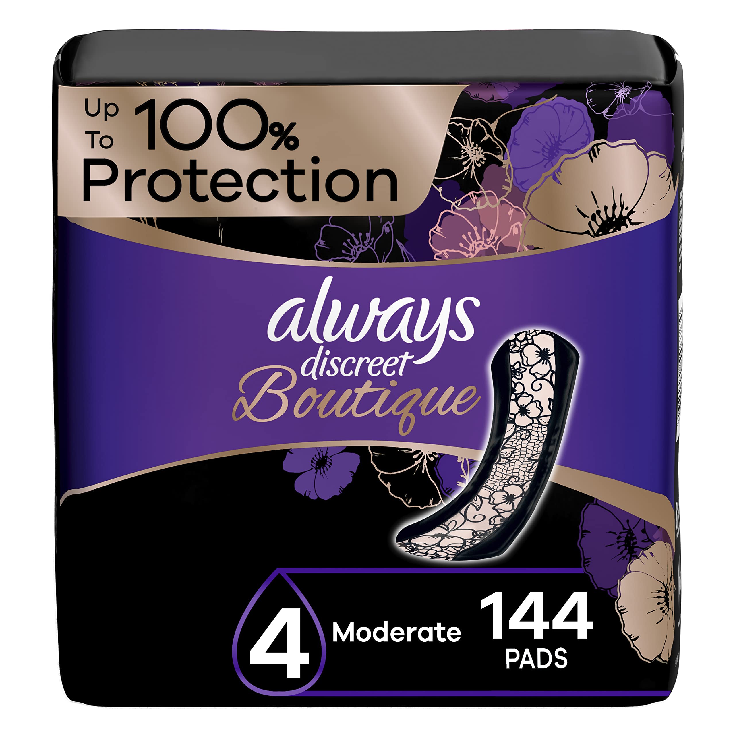 Always Discreet Boutique Adult Incontinence & Postpartum Pads For Women, Size 4, Moderate Absorbency, Regular Length, 48 Count x