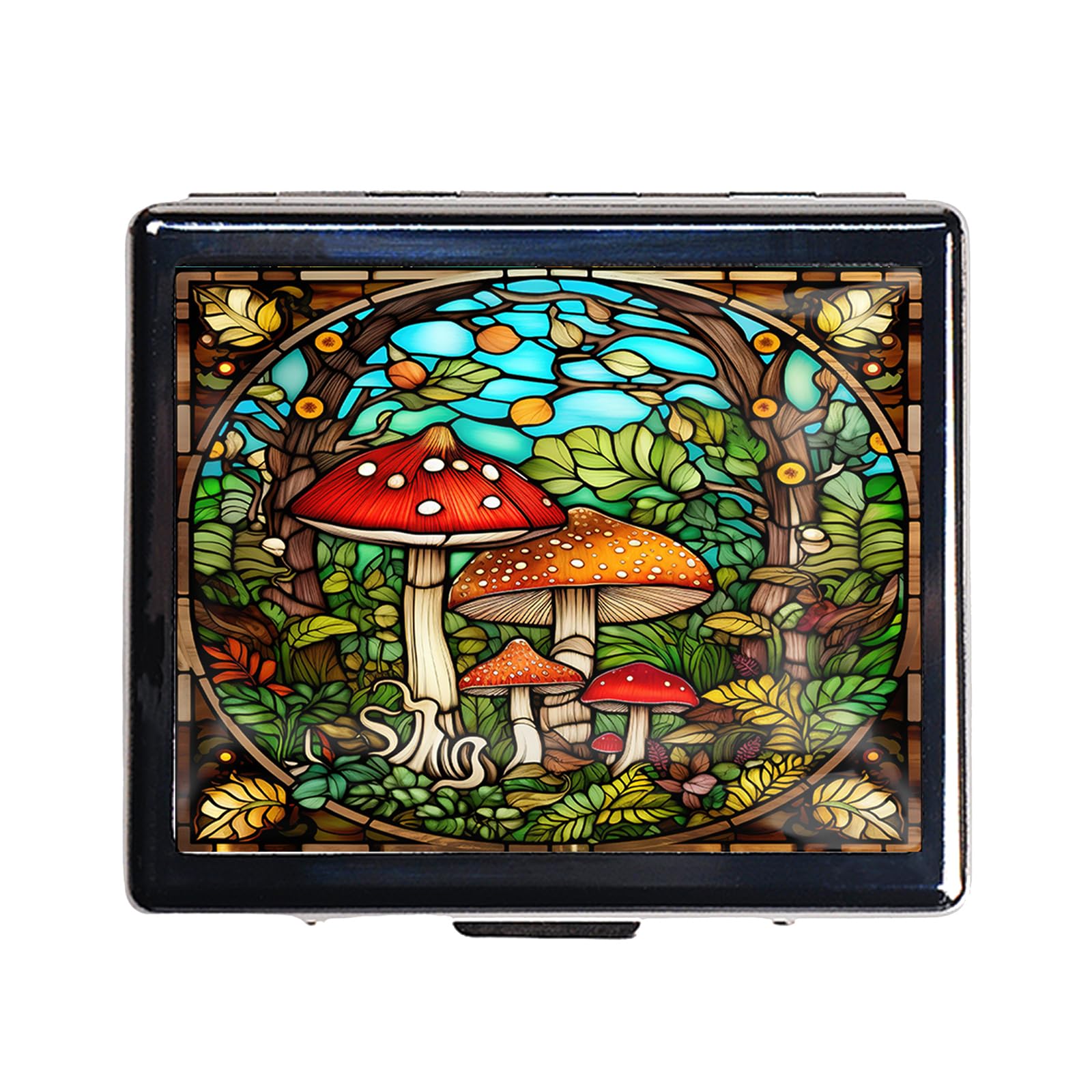 Travel Pill Organizer 7 Day Metal Pill Box with Mirror and 8 Compartments Cute Travel Pill Organizer for Purse (Mushroom Garden)