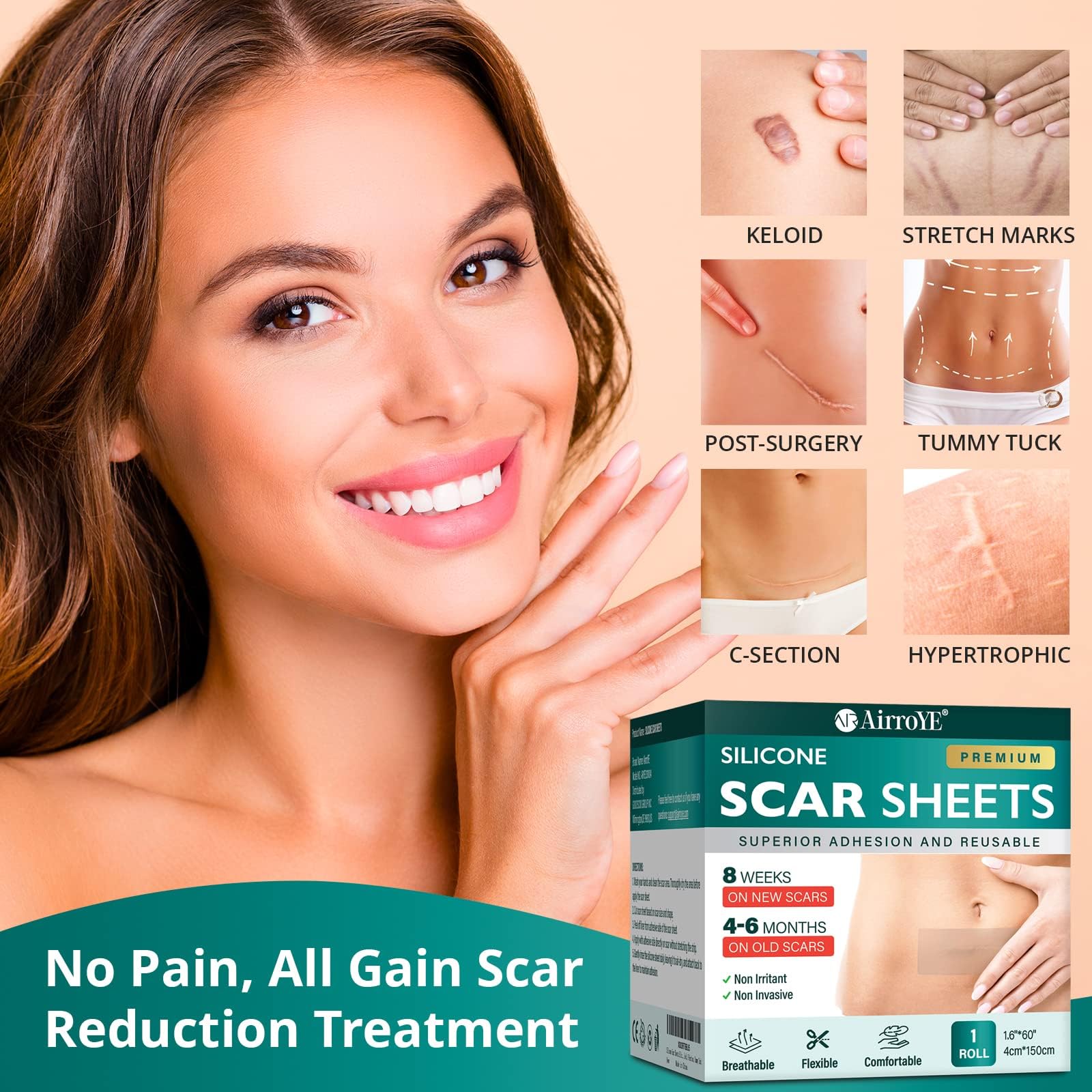 Silicone Scar Sheets,Silicone Scar Tape(1.6''x 60'' Roll-1.5M), Reusable and Effective Scar Removal Sheets, Silicone Scar Remova