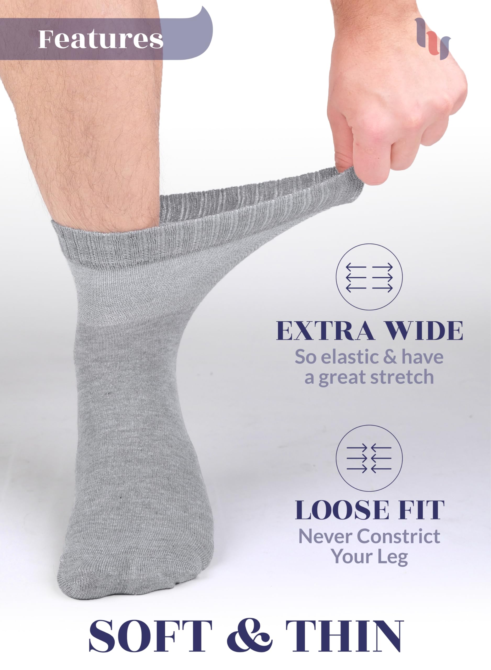 Hugh Ugoli Diabetic Socks for Men, Loose Ankle Socks Bamboo, Extra-Wide, Thin, Seamless Toe and Non-Binding Top, 4 Pairs, Light