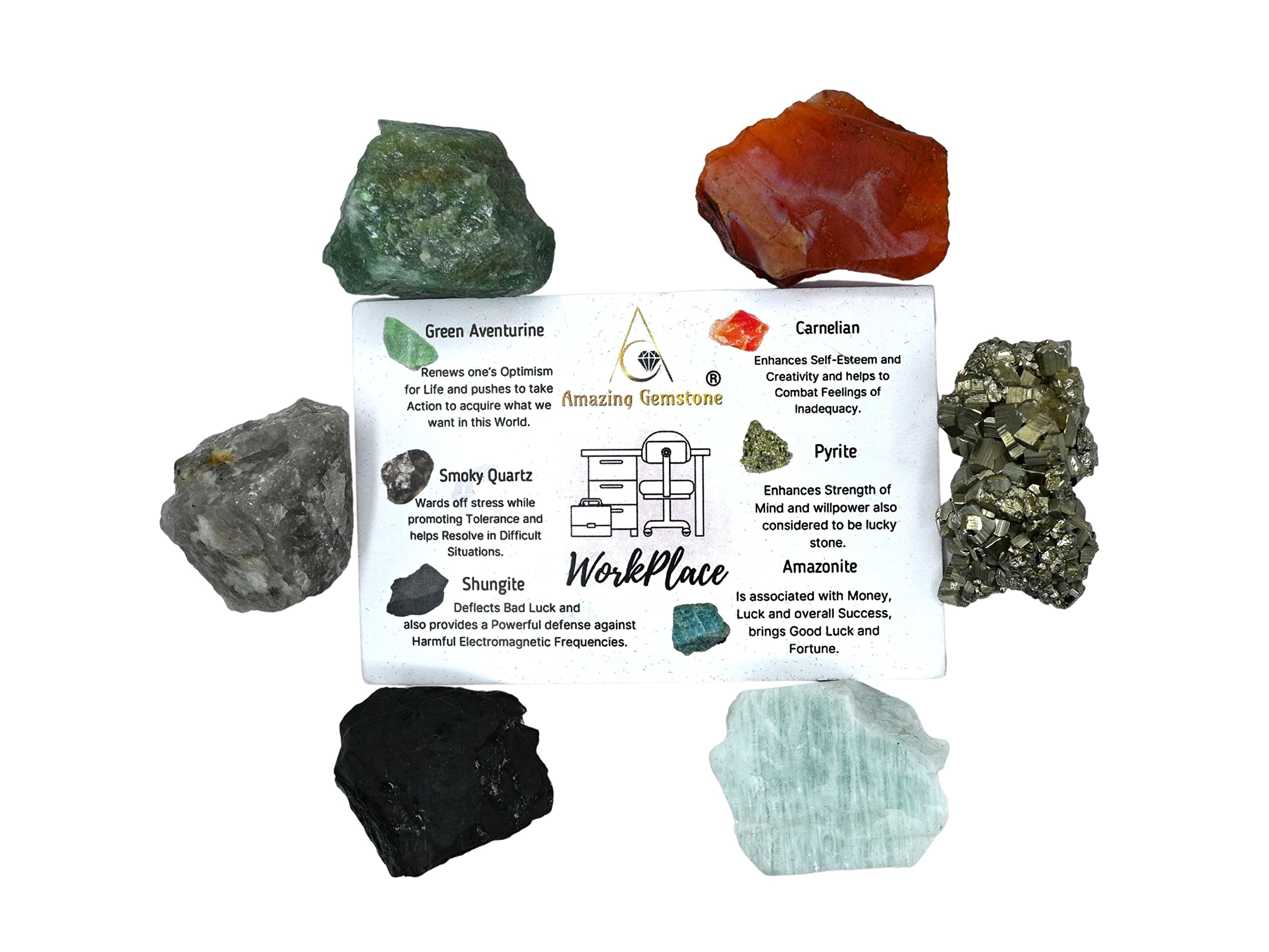 Crystals for Workplace Manifestation, Set of 6 Green Aventurine, Smoky Quartz, Shungite, Carnelian, Pyrite and Amazonite Healing
