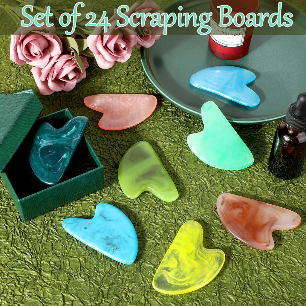 Sherr 24 Pcs Gua Sha Facial Tool Resin Gua Sha Massage Tool Heart Shaped Gua Sha Stone Guasha Board for Face Body Skin Massage S