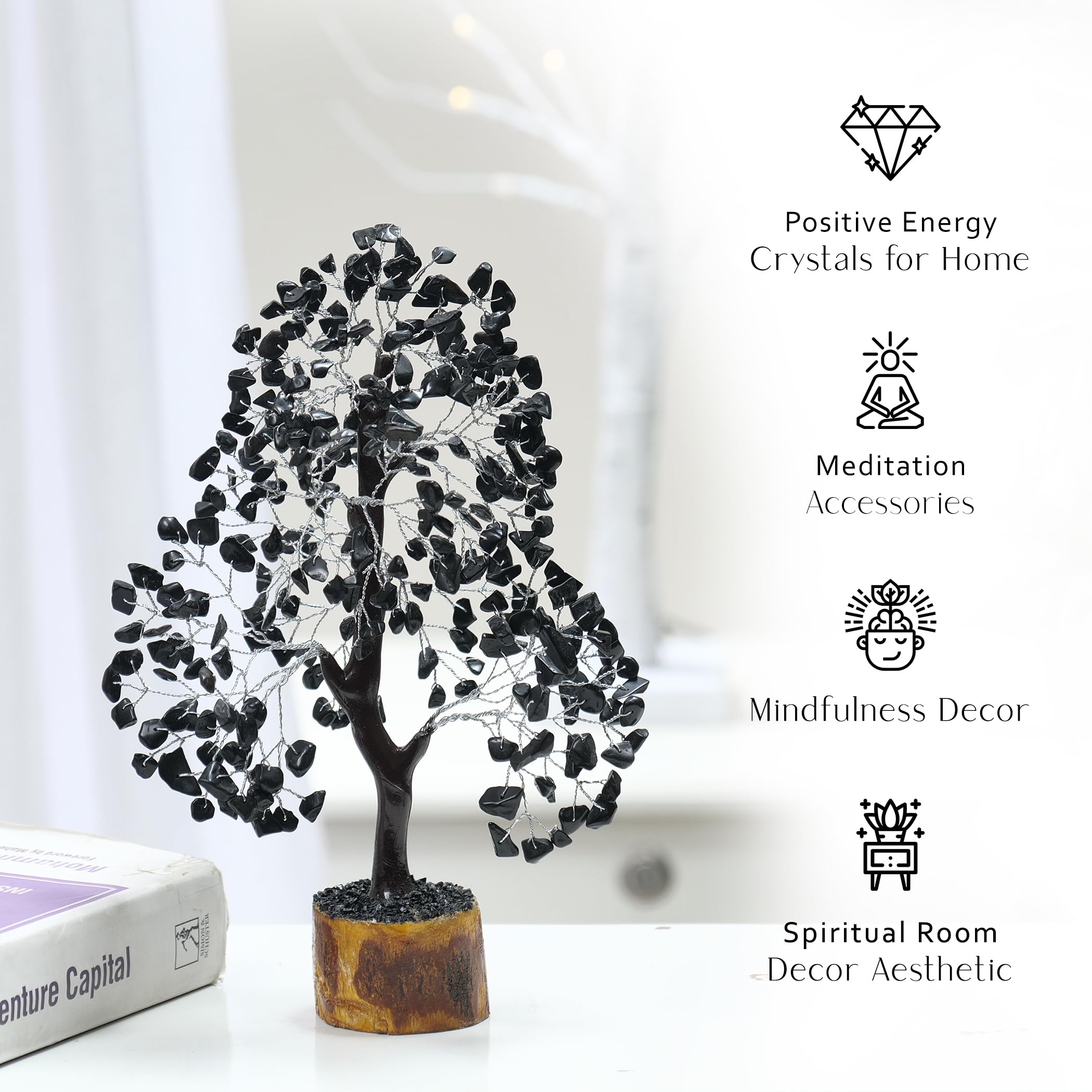 PYOR Black Tourmaline Feng Shui Money Tree, Real Crystals, Abundance Stones and Crystals for Home Office and Spiritual Room Deco
