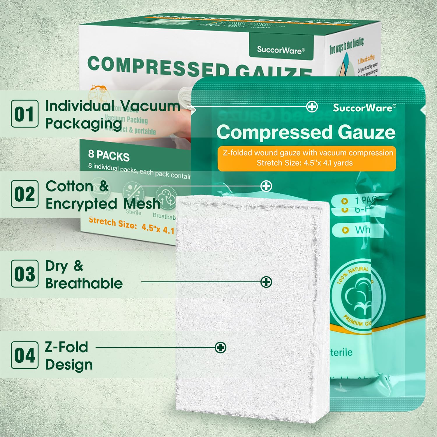 SuccorWare 8 Packs Sterile Compressed Gauze with Z-Folded - Wound Gauze for Bleed Stop, 4.5 x 4.1 Yards, 6-Ply - for First Aid K