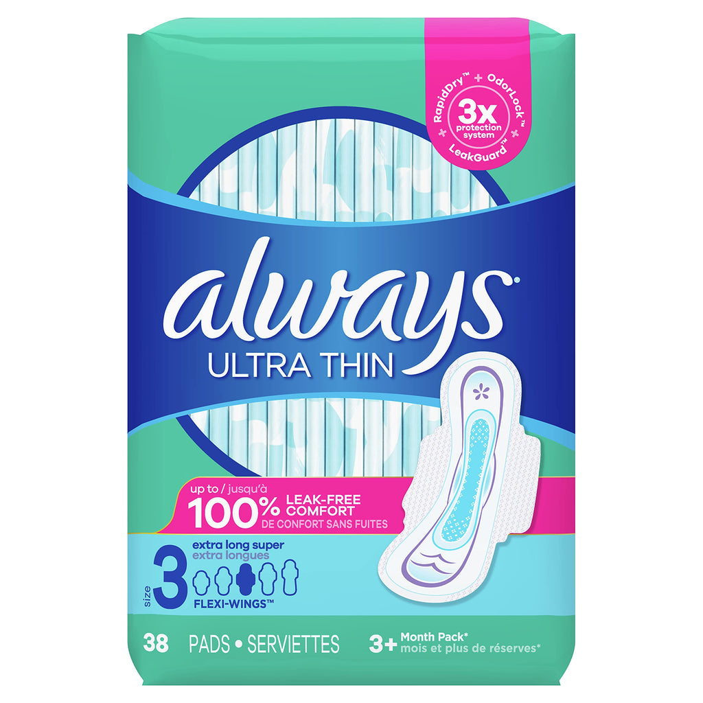Always Ultra Thin Feminine Pads For Women, Size 3 Extra Long Super Absorbency, With Wings, Unscented, 38 Count