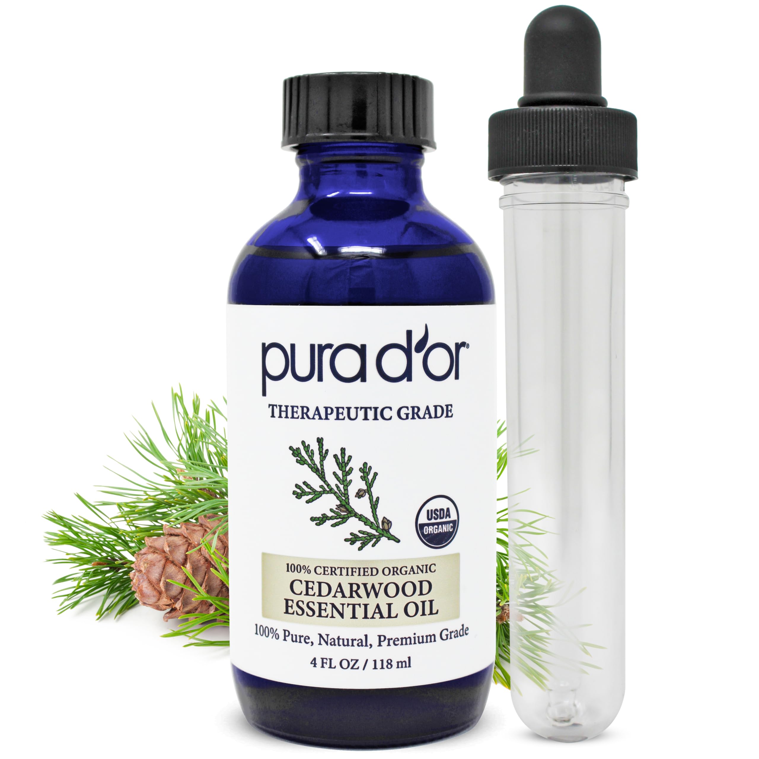 PURA DOR Organic Cedarwood Essential Oil (4oz with Glass Dropper) 100% Pure & Natural Therapeutic Grade for Hair, Body, Skin, A