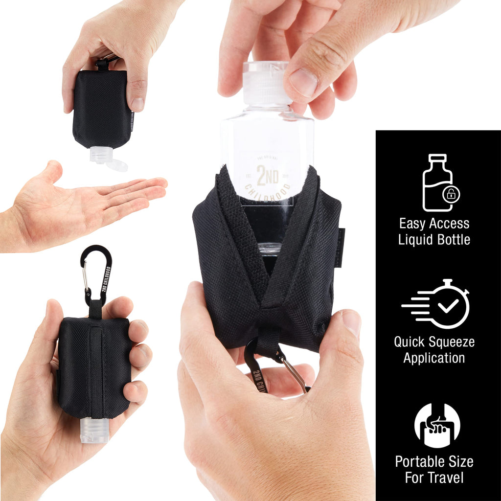 2nd Childhood Sanitizer Holder Bag; Travel Size Empty 2 oz Refillable Bottle; Carabiner Clips on to Backpack or Purse