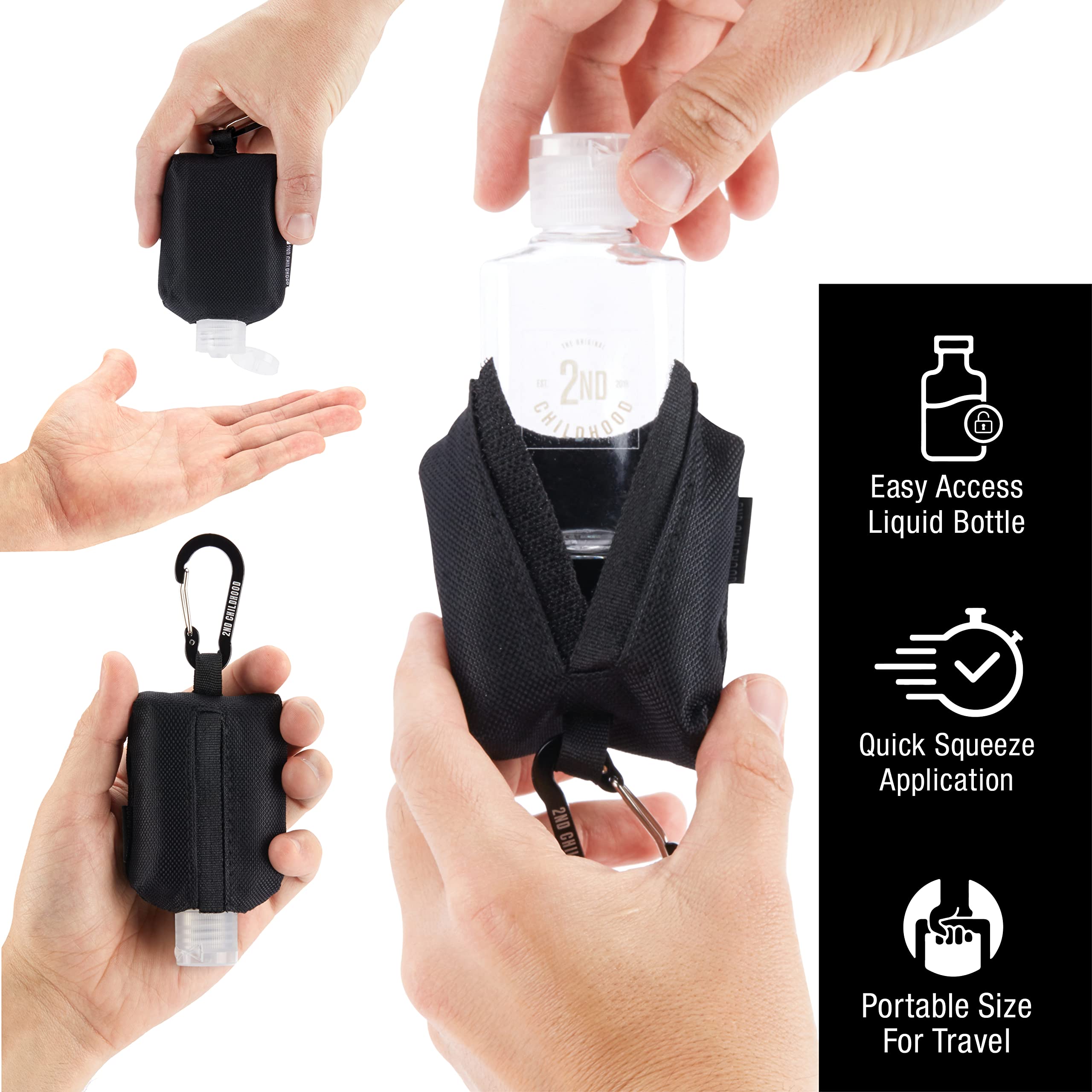 2nd Childhood Sanitizer Holder Bag; Travel Size Empty 2 oz Refillable Bottle; Carabiner Clips on to Backpack or Purse
