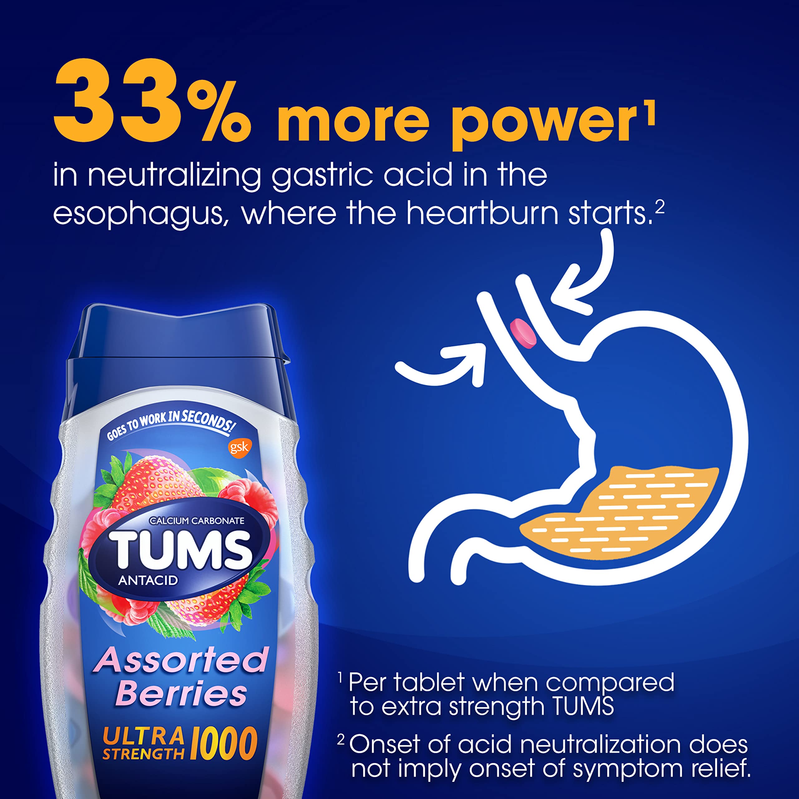 TUMS Ultra Strength Antacid Tablets for Chewable Heartburn Relief and Acid Indigestion Relief, Assorted Berries - 12 Pack of 12