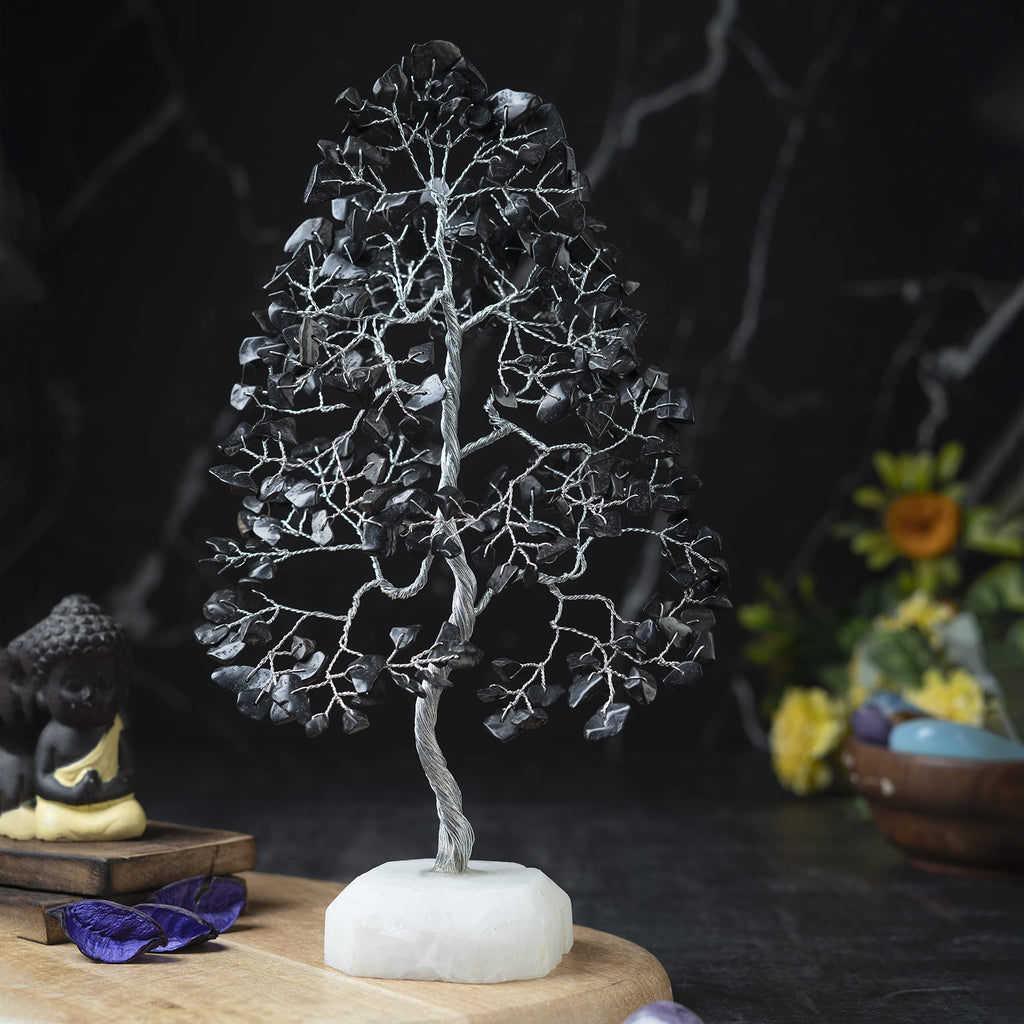 Black Tourmaline Gemstone Tree of Life Quartz Base Chakra Tree for Positive Energy, Handmade Crystal Tree Feng Shui Decor Money