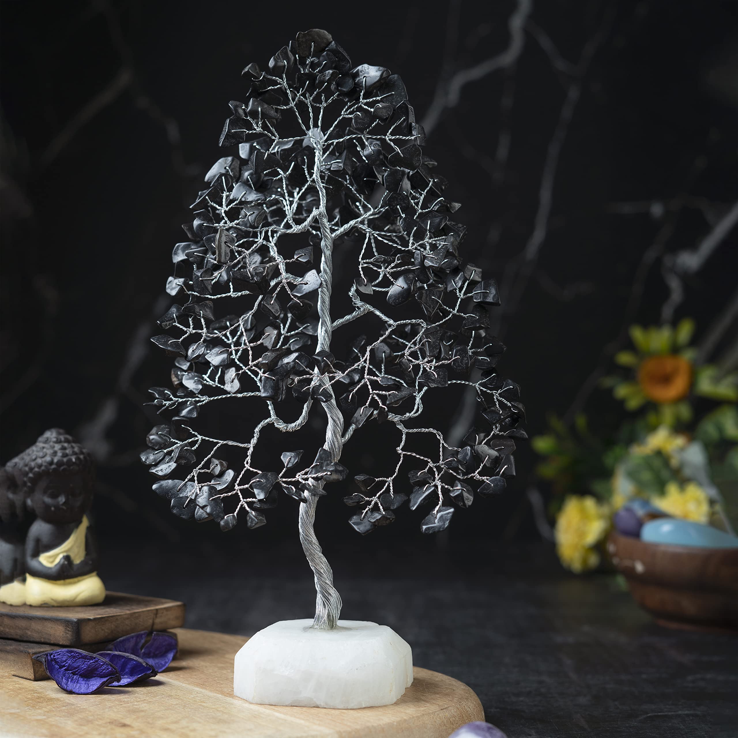 Black Tourmaline Gemstone Tree of Life Quartz Base Chakra Tree for Positive Energy, Handmade Crystal Tree Feng Shui Decor Money