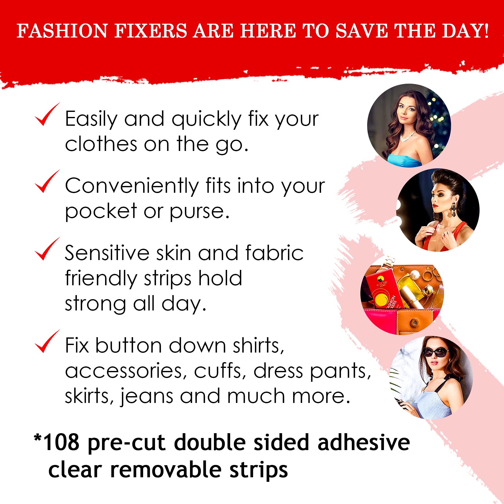 Gaudy Guru Double Sided Tape for Fashion, Clothing & Body (108 Strip Pack) | All Day Strength Tape Adhesive, Gentle on Skin & Fa